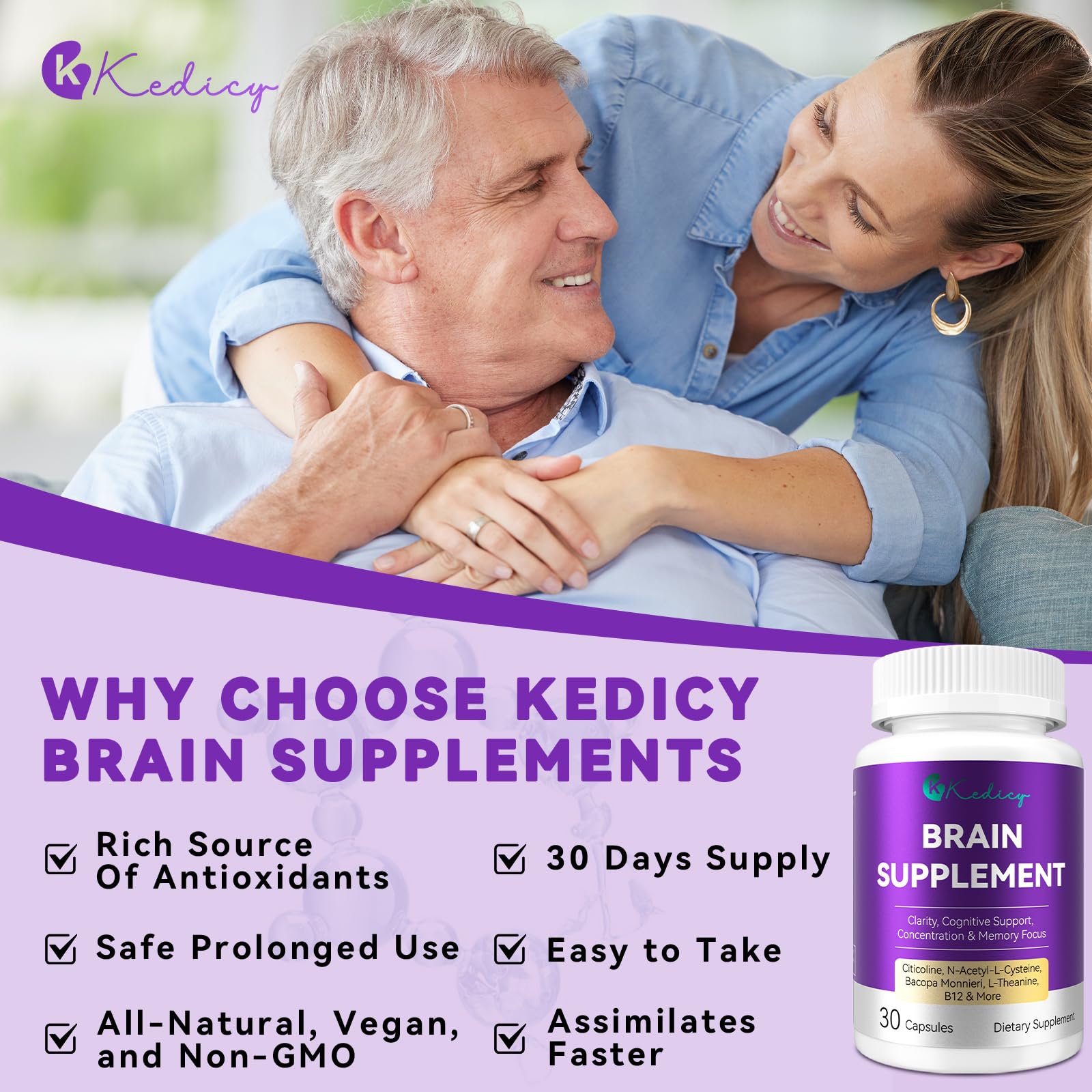Kedicy Memory and Focus Supplements side view of bottle
