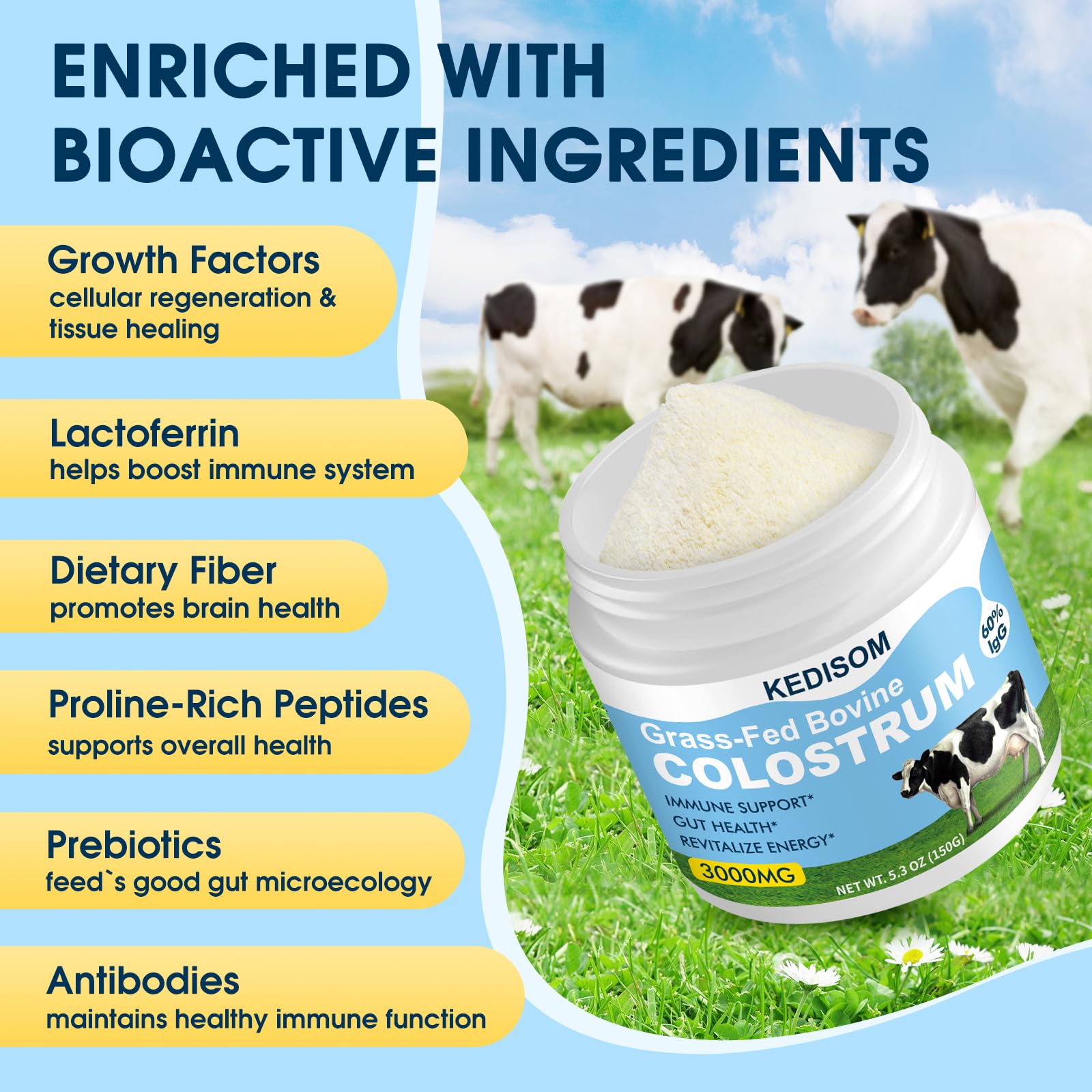 KEDISOM Bovine Colostrum Powder 240g mixed in a glass