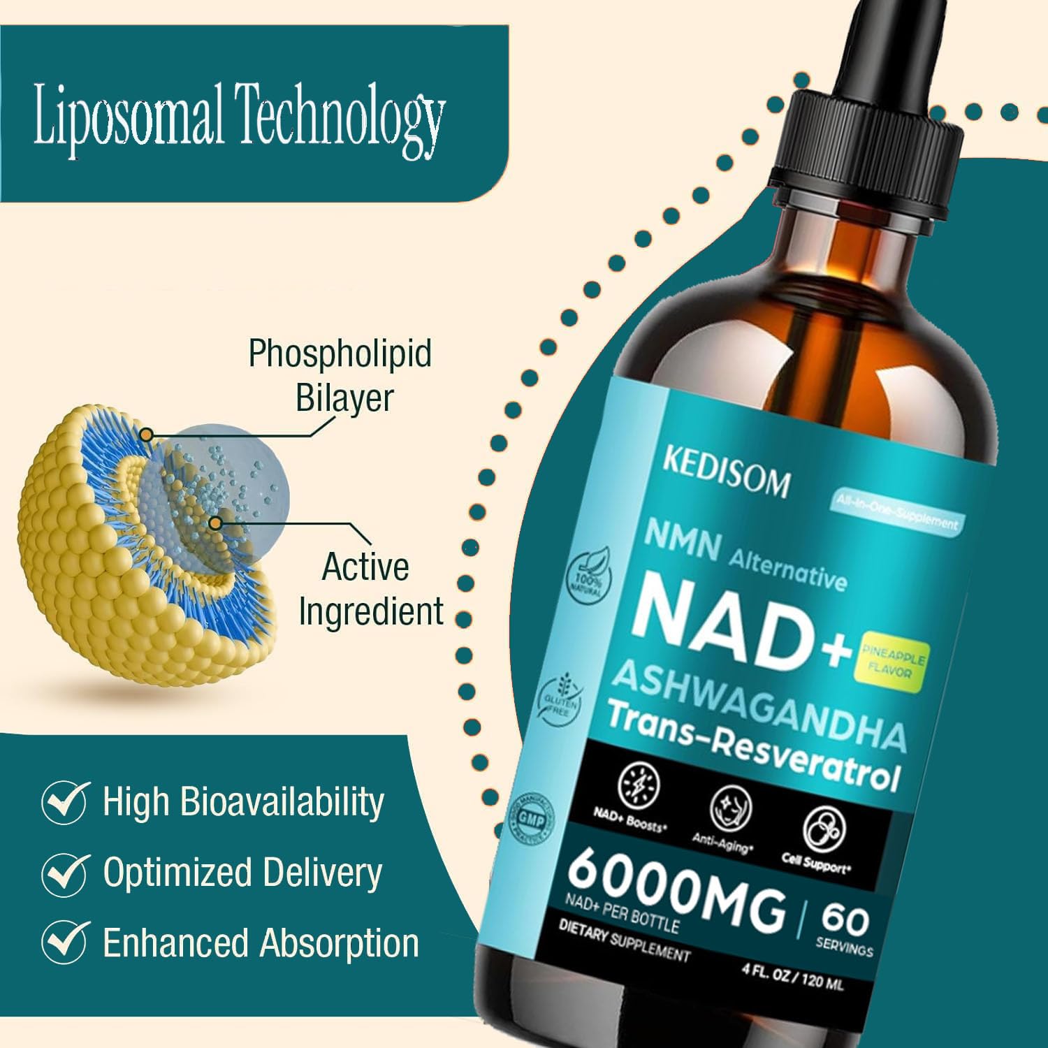 KEDISOM Liposomal NAD+ Supplement 113g bottle side view