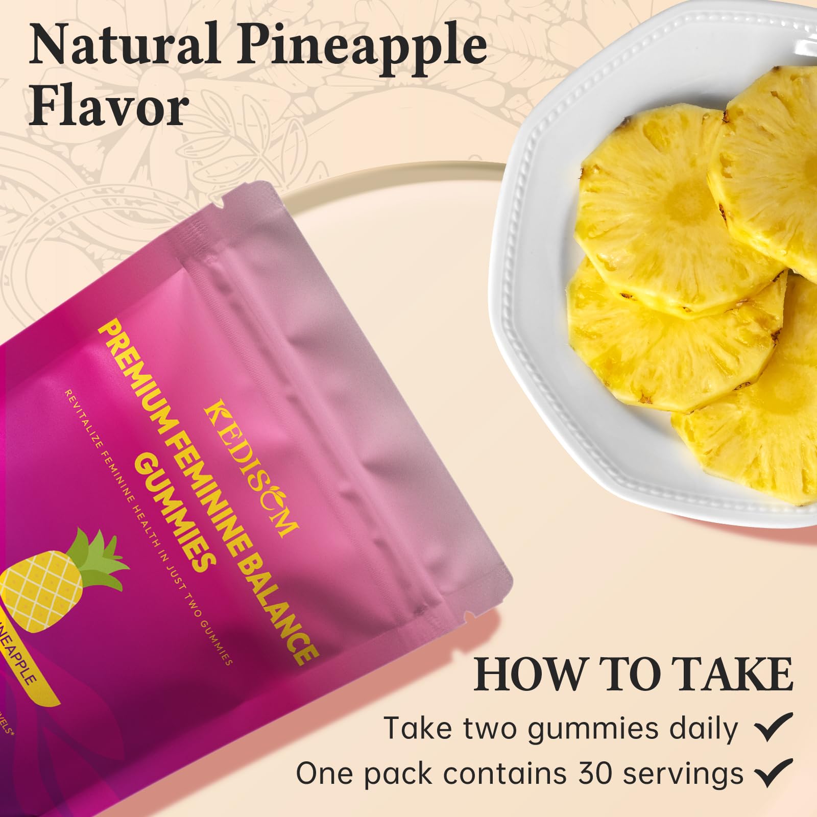 KEDISOM Premium Feminine Balance Gummies opened pouch with gummies