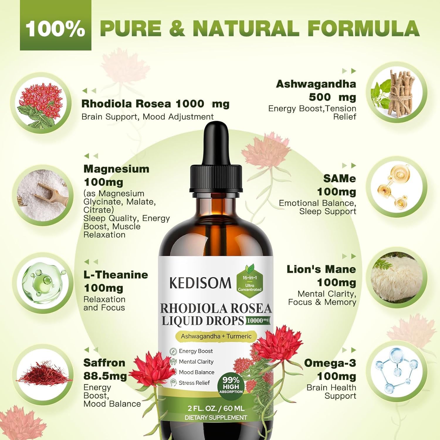KEDISOM Rhodiola Rosea Tincture 10000MG bottle with dropper