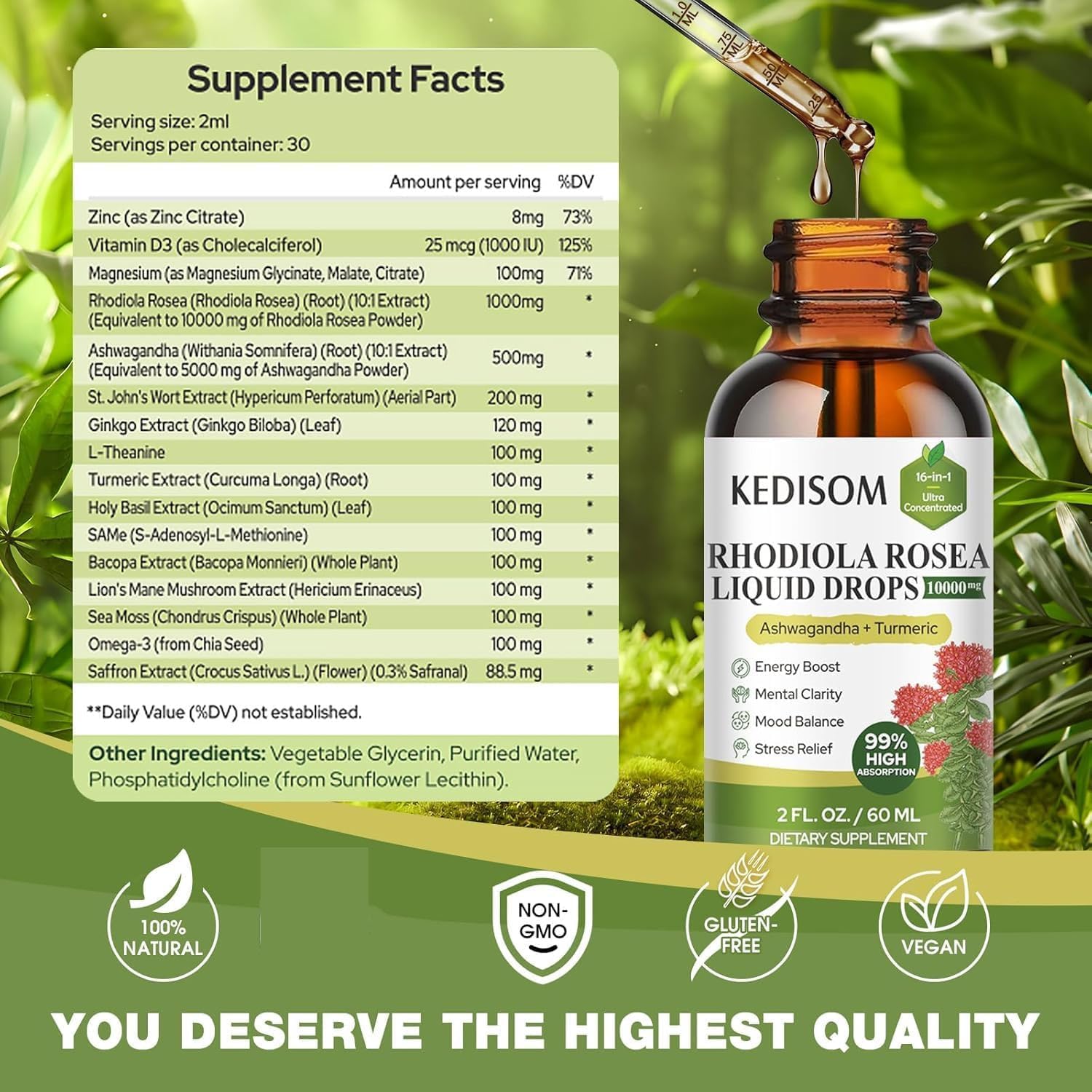 KEDISOM Rhodiola Rosea Tincture 10000MG with measuring dropper