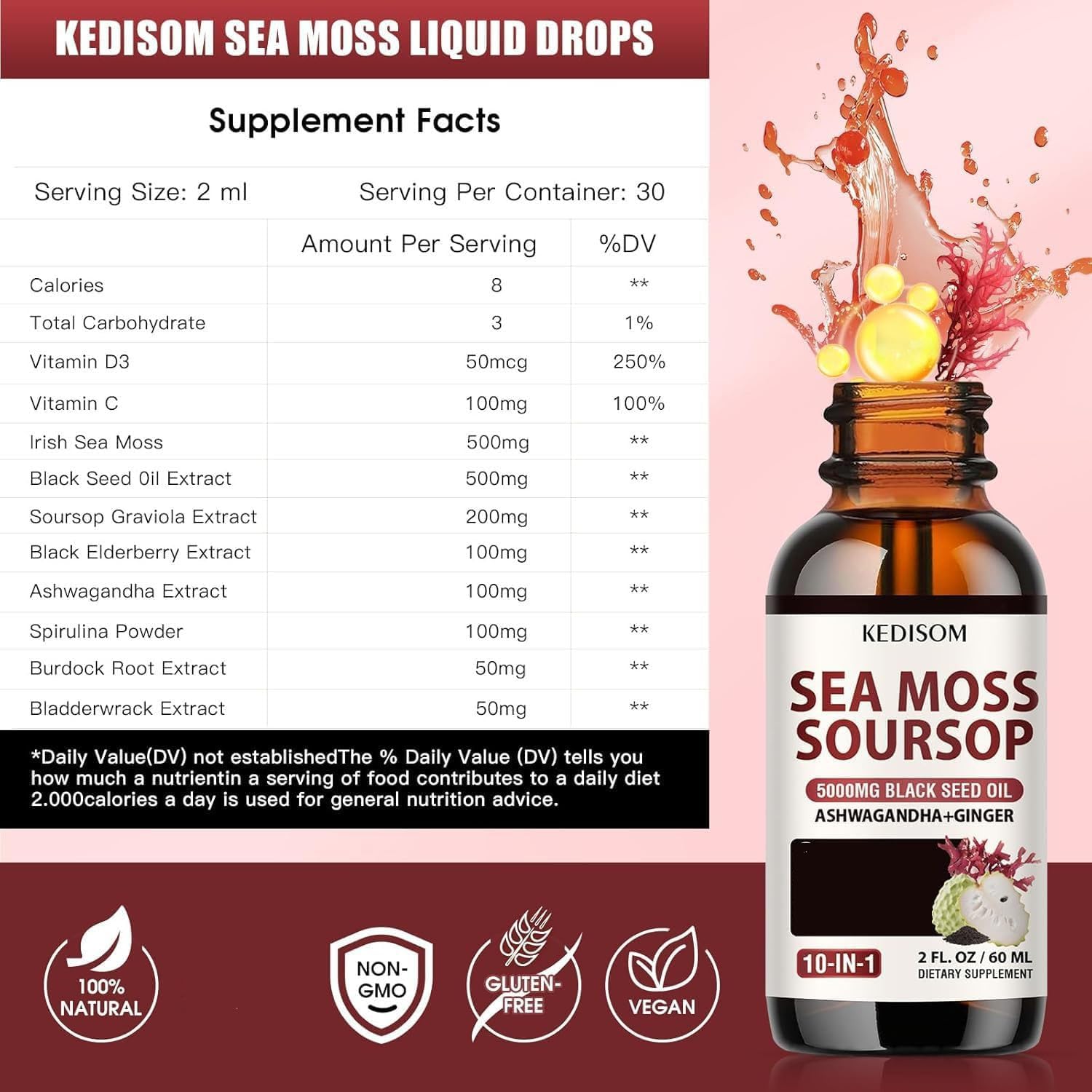 KEDISOM Sea Moss Liquid Drops on a kitchen counter
