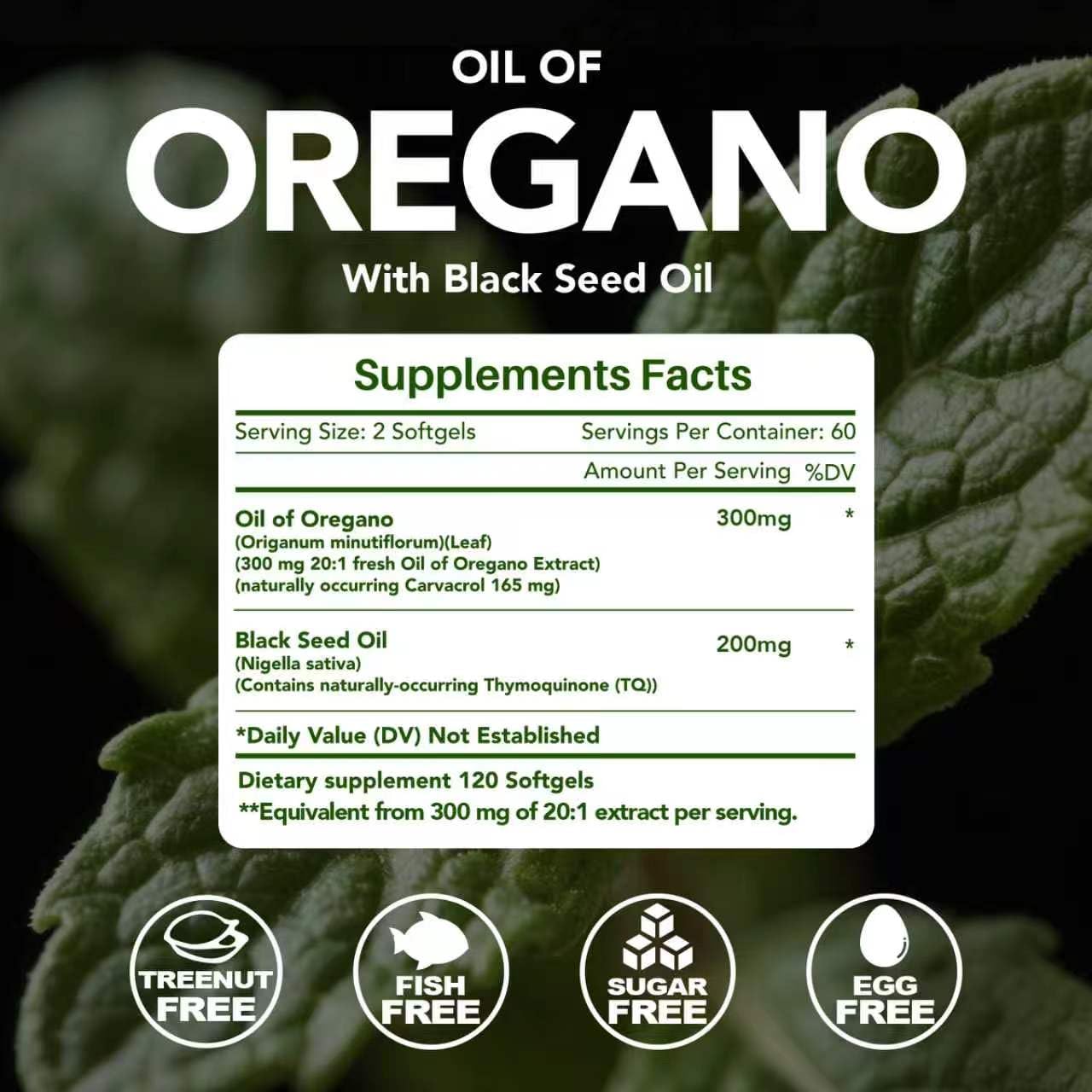 KEHLUSTY Oregano Oil & Black Seed Oil Softgels back view with ingredients