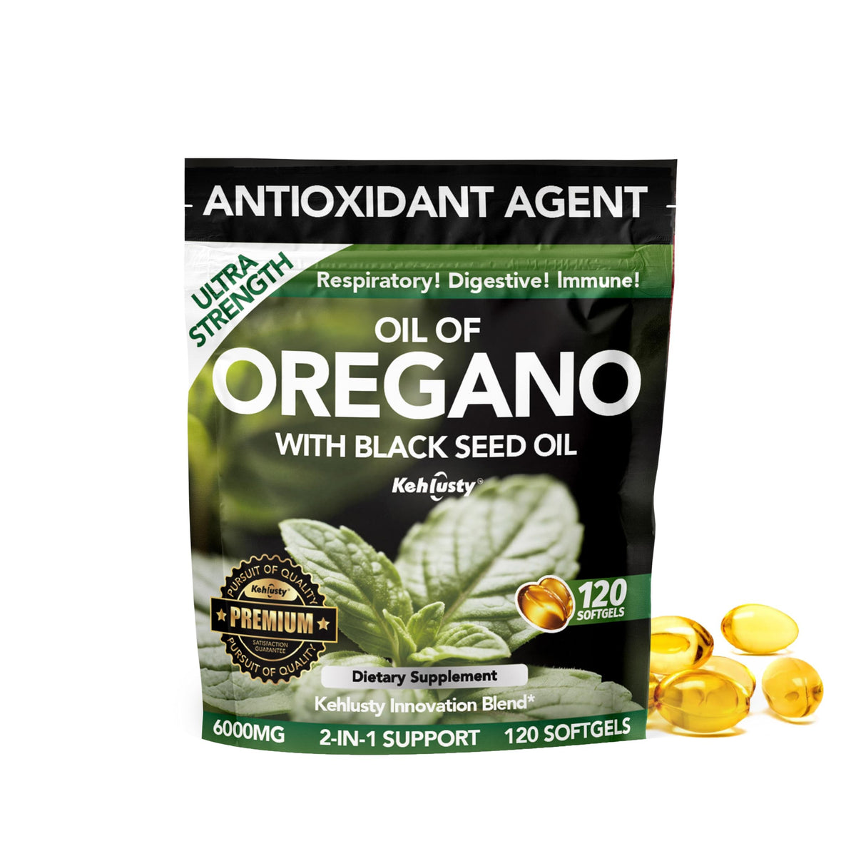 KEHLUSTY Oregano Oil & Black Seed Oil Softgels front view