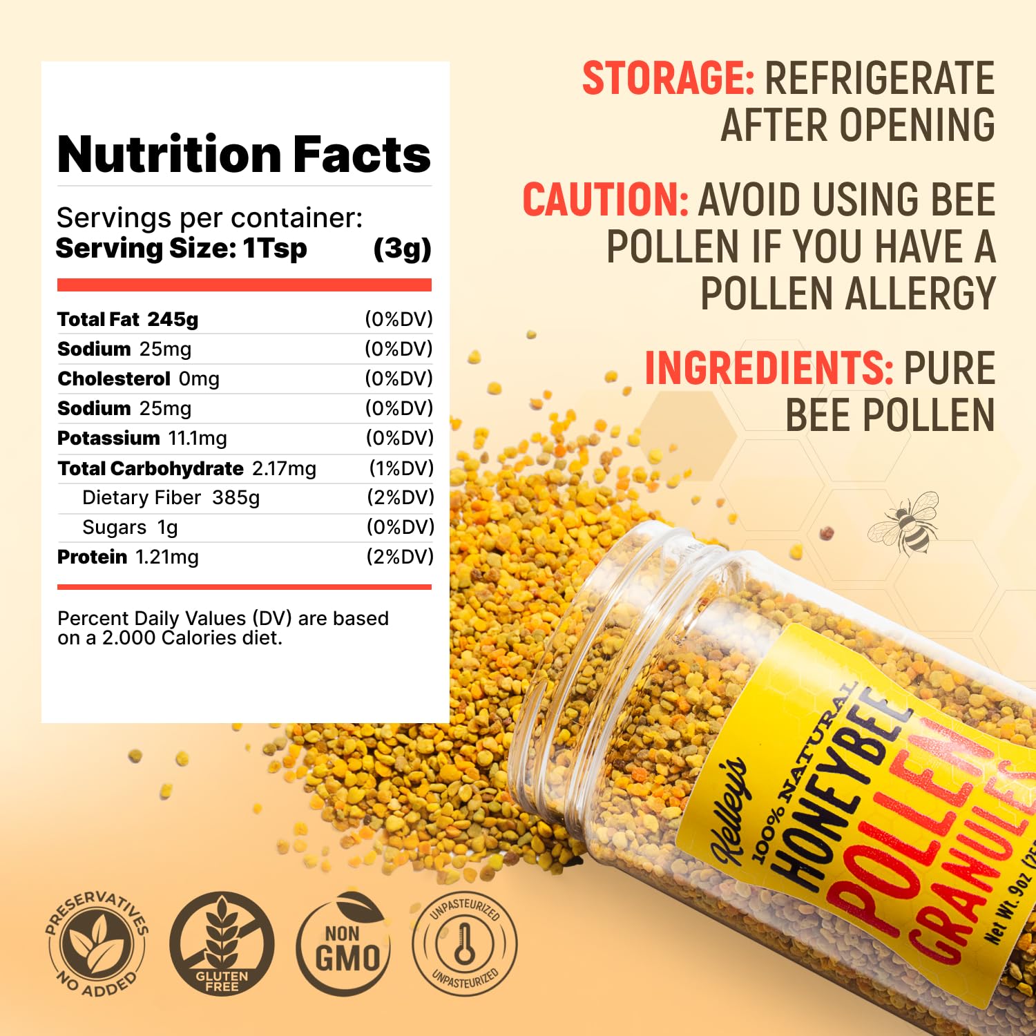 Kelley's Bee Pollen Granules packaging side view