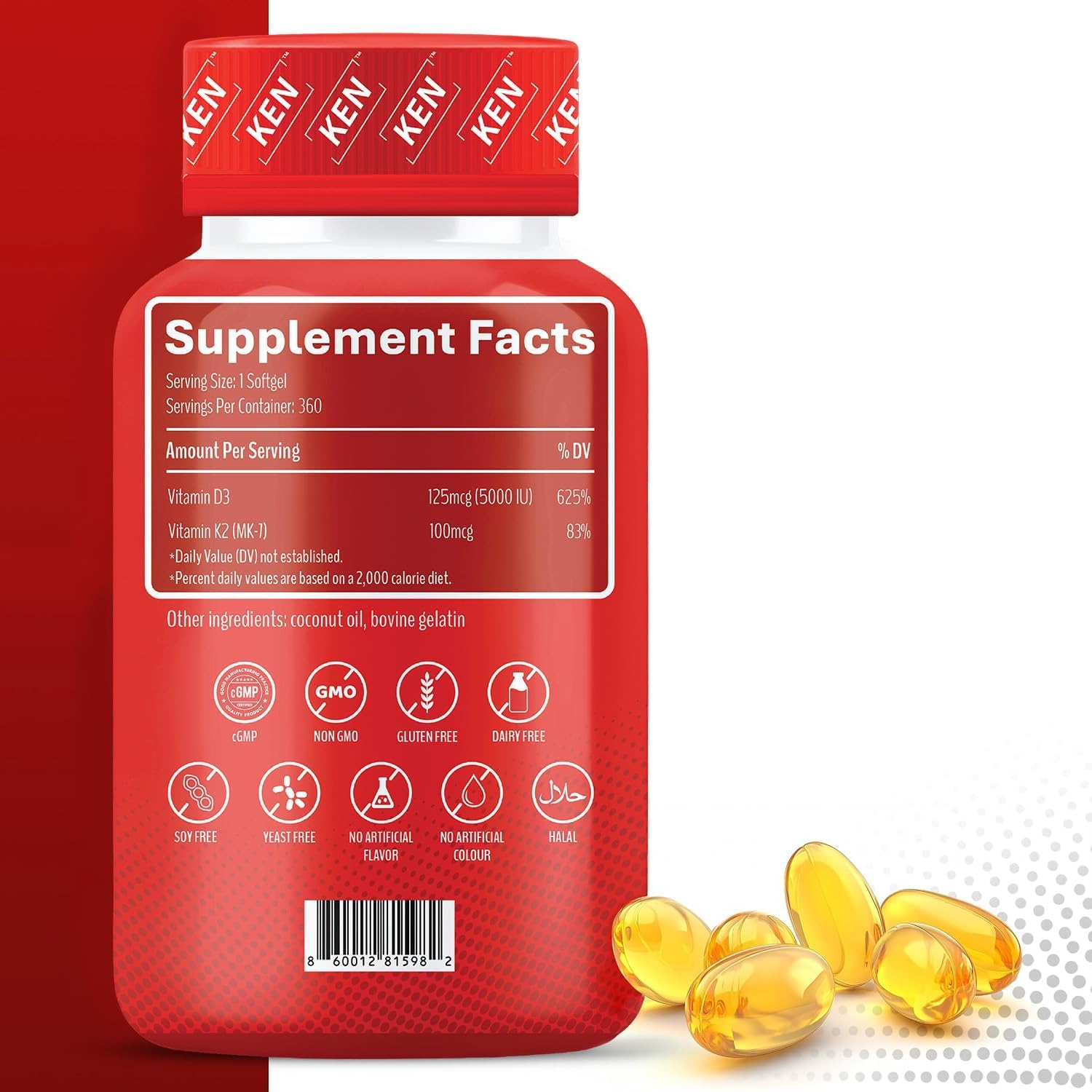 KEN Vitamin D3 & K2 softgels with coconut oil ingredients list