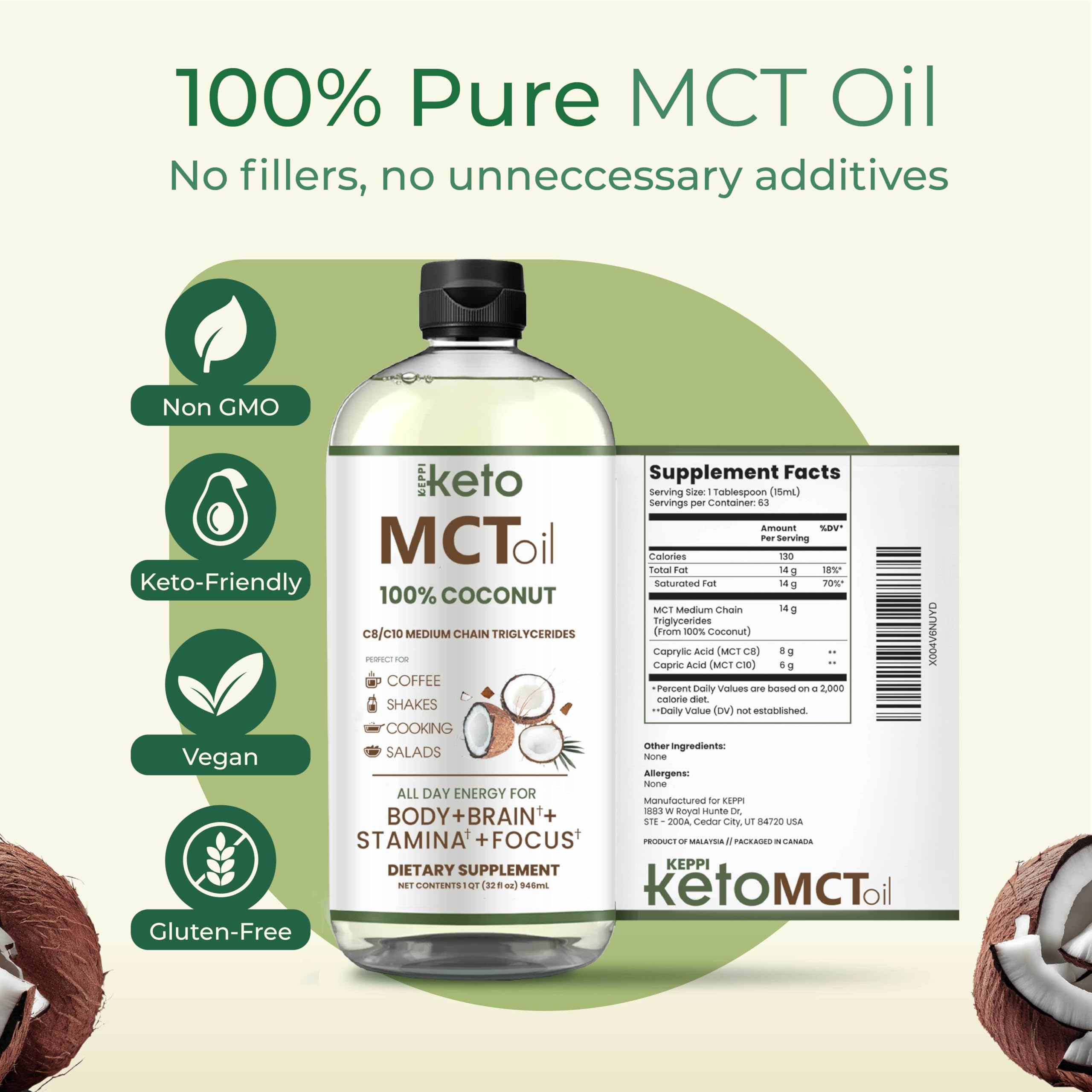 Keppi MCT Oil 907g lifestyle shot with fitness items