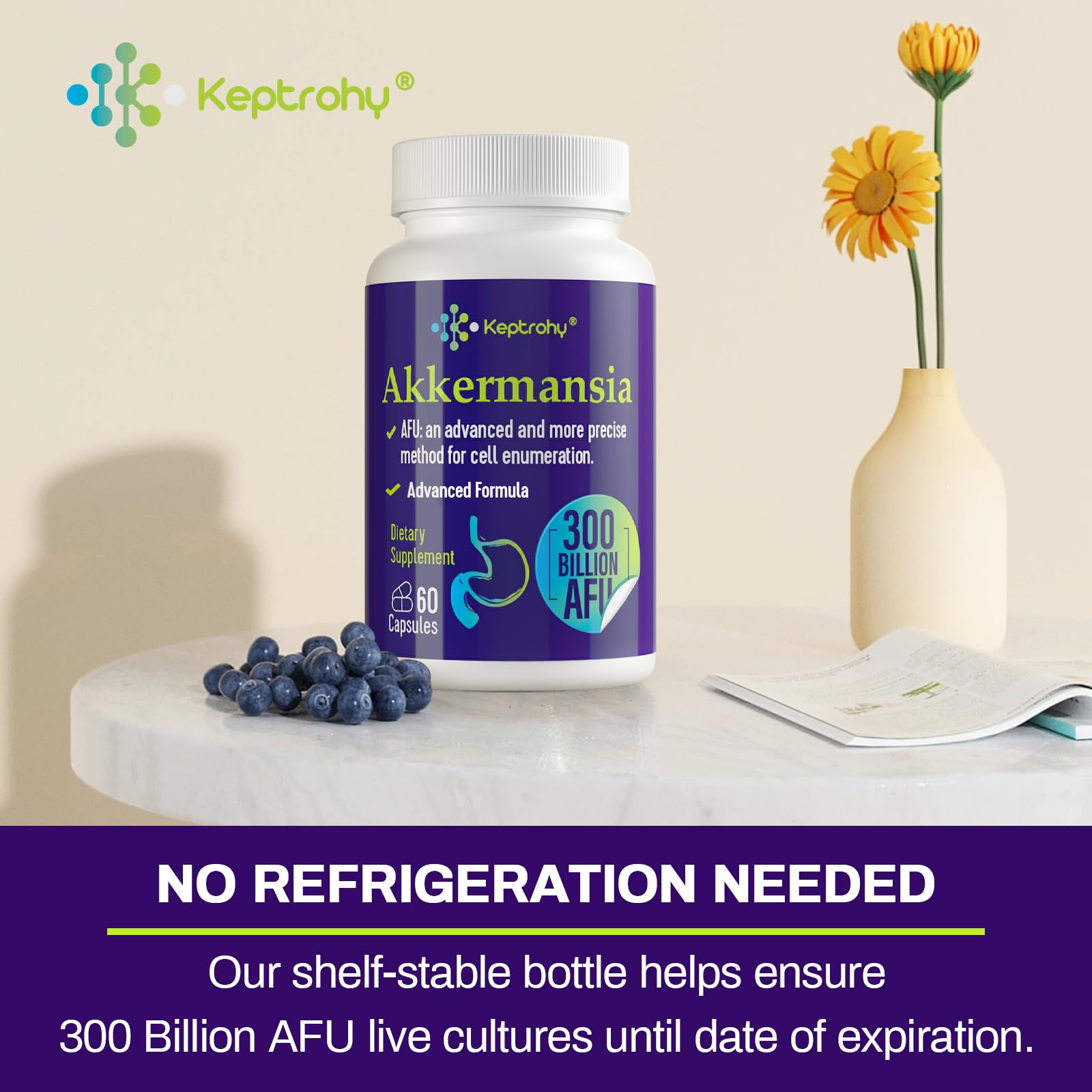 Keptrohy Akkermansia Probiotic 300 Billion AFU capsules in hand