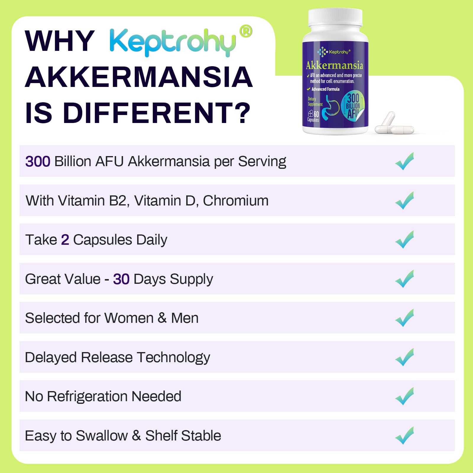 Keptrohy Akkermansia Probiotic 300 Billion AFU side view of bottle
