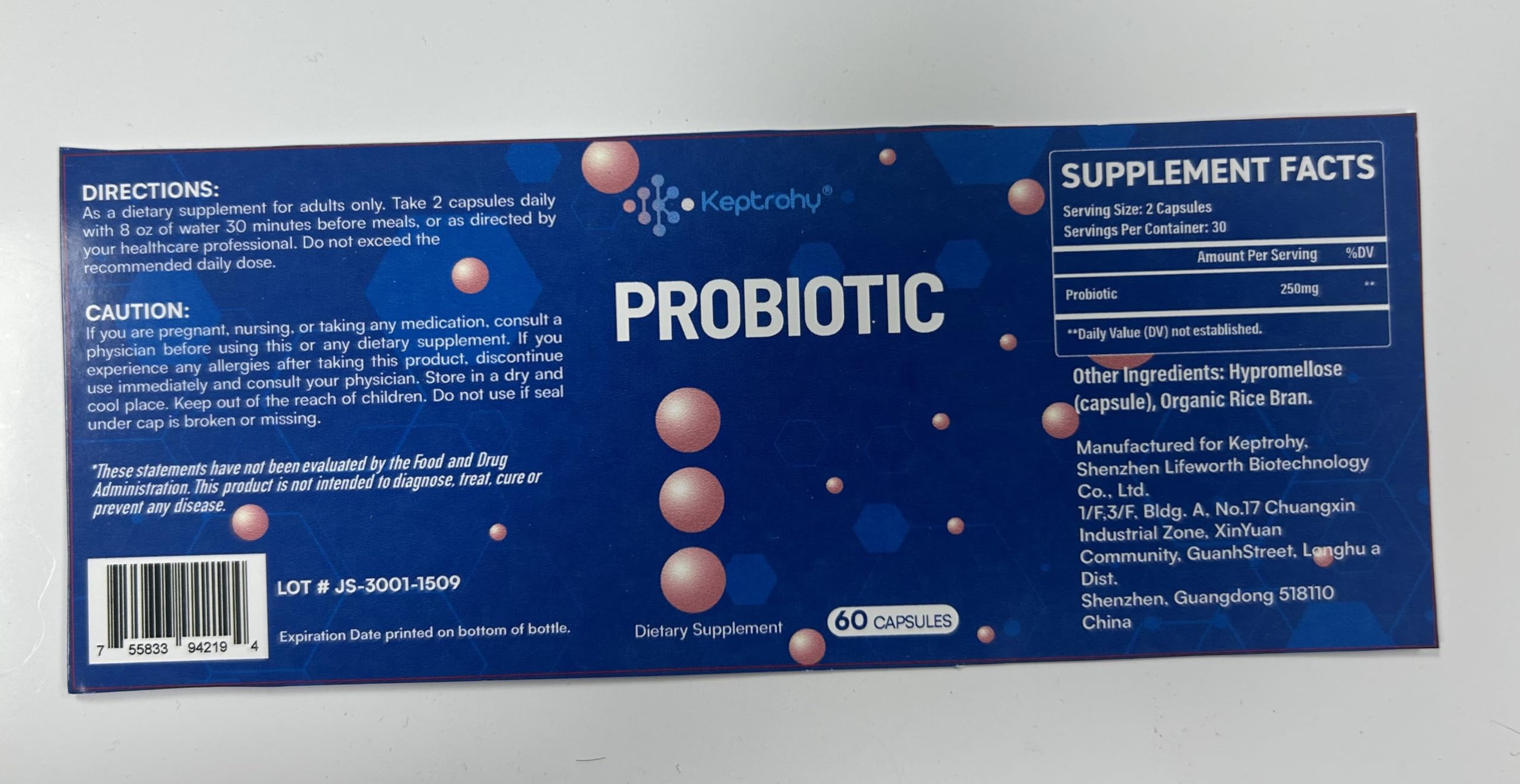 Keptrohy Probiotic Supplement 60 Capsules back view