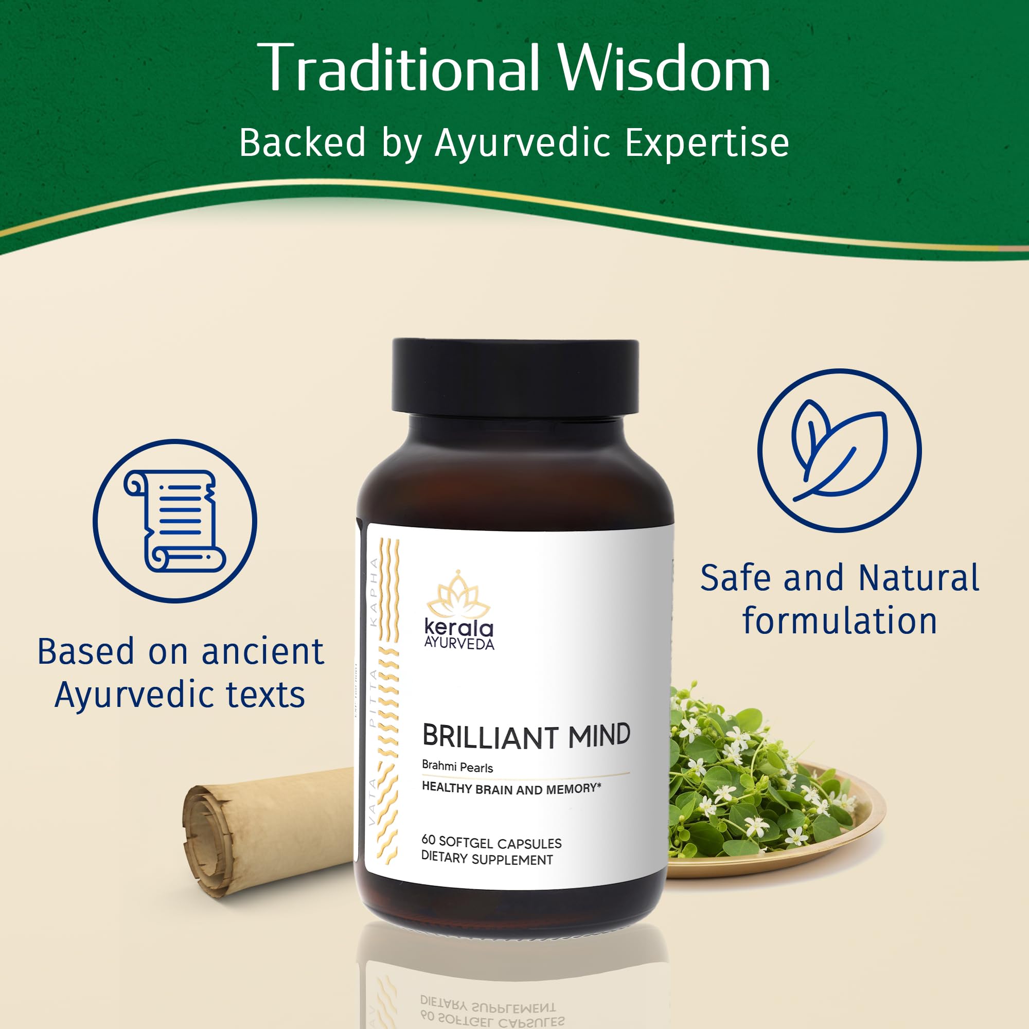 Kerala Ayurveda Brahmi Pearls Bacopa Monnieri capsules with ghee
