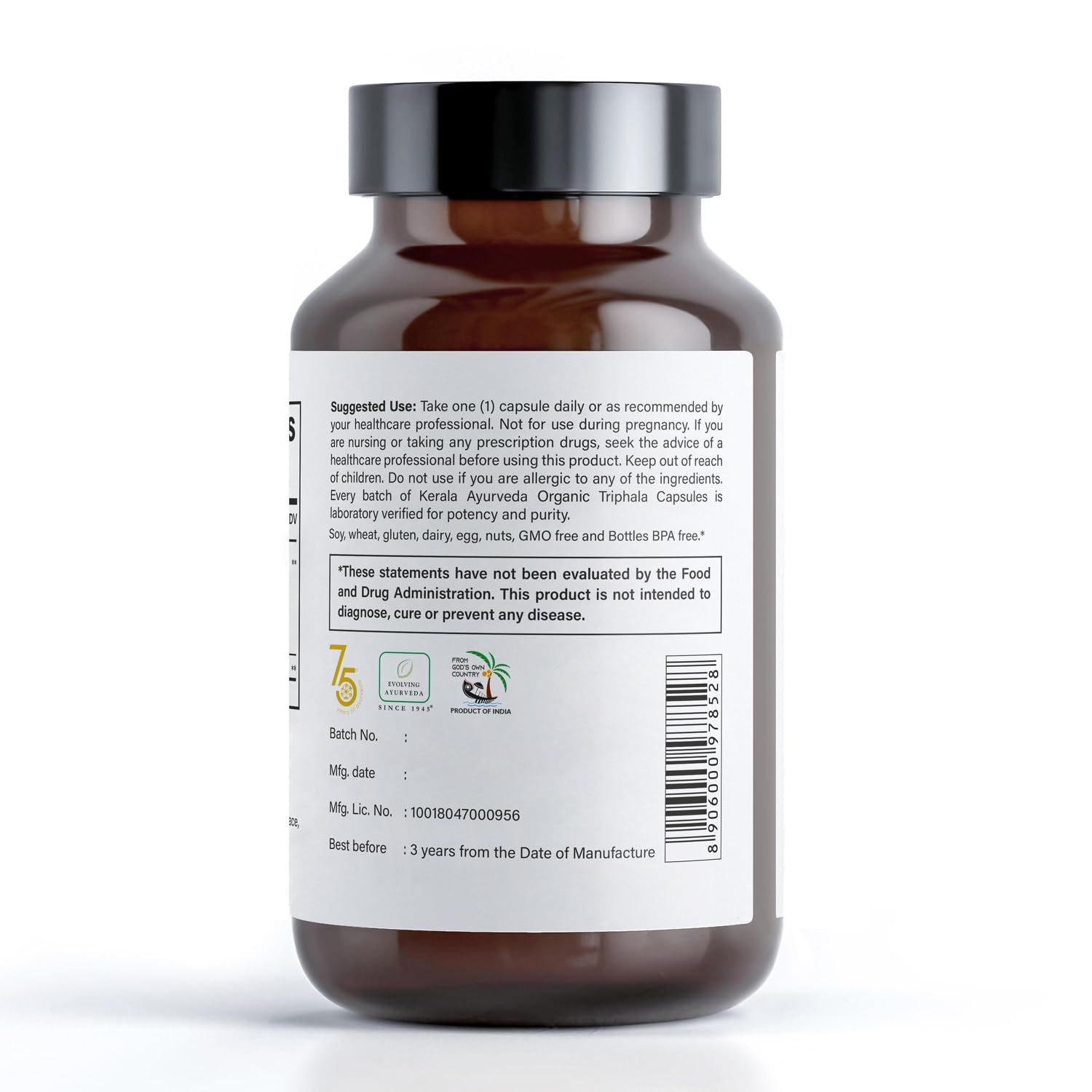 Kerala Ayurveda Triphala Capsules with a measuring spoon for dosage