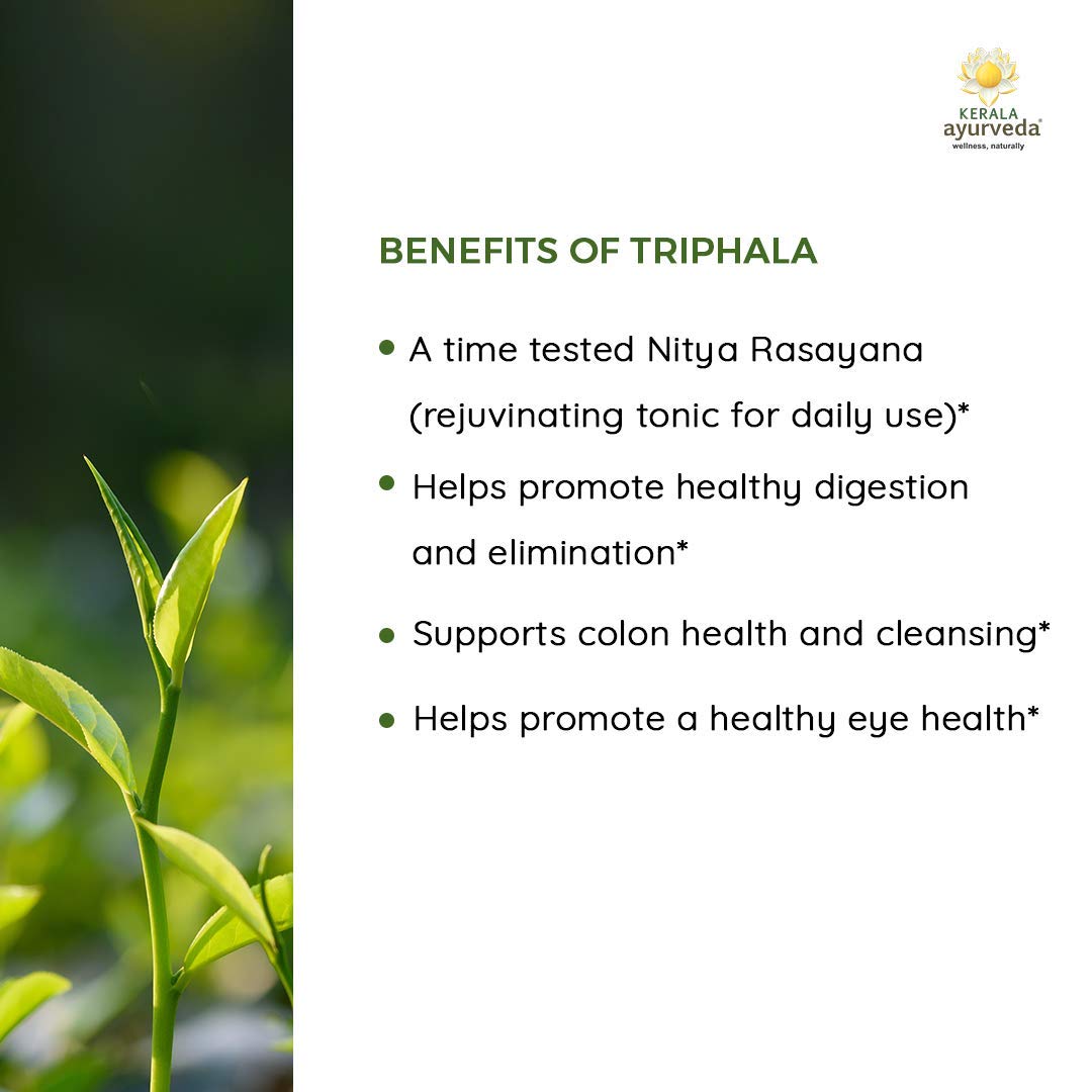 Kerala Ayurveda Triphala Capsules with ingredients list on packaging