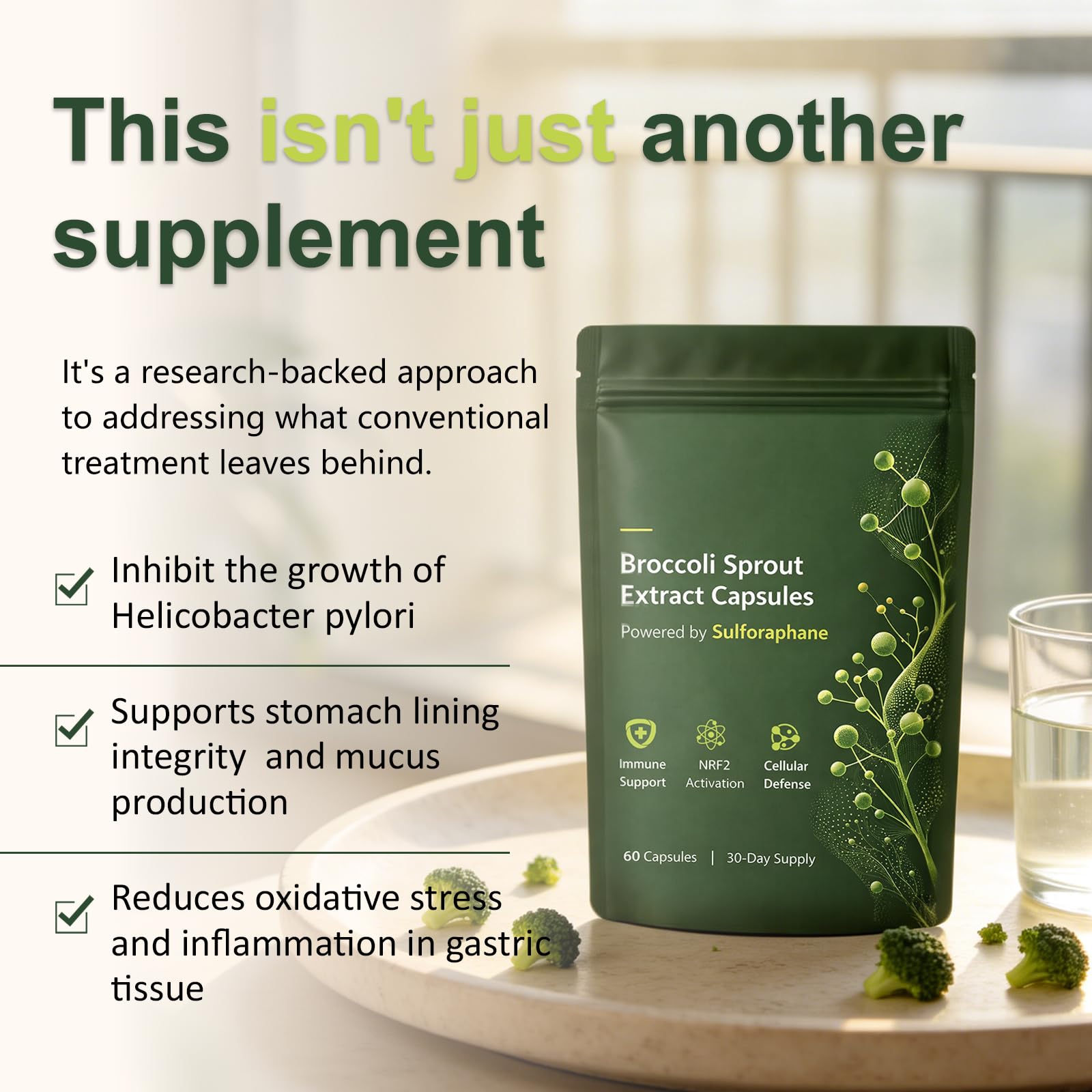 Keravive Hair Advanced Broccoli Sprout Formula capsules in a lifestyle setting