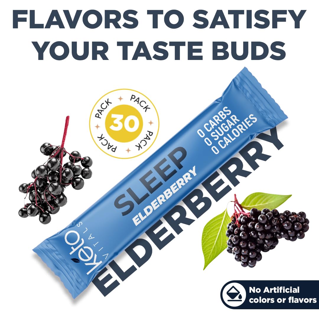 Keto Vitals Sleep Drink Electrolyte Powder Packets Elderberry on a kitchen counter