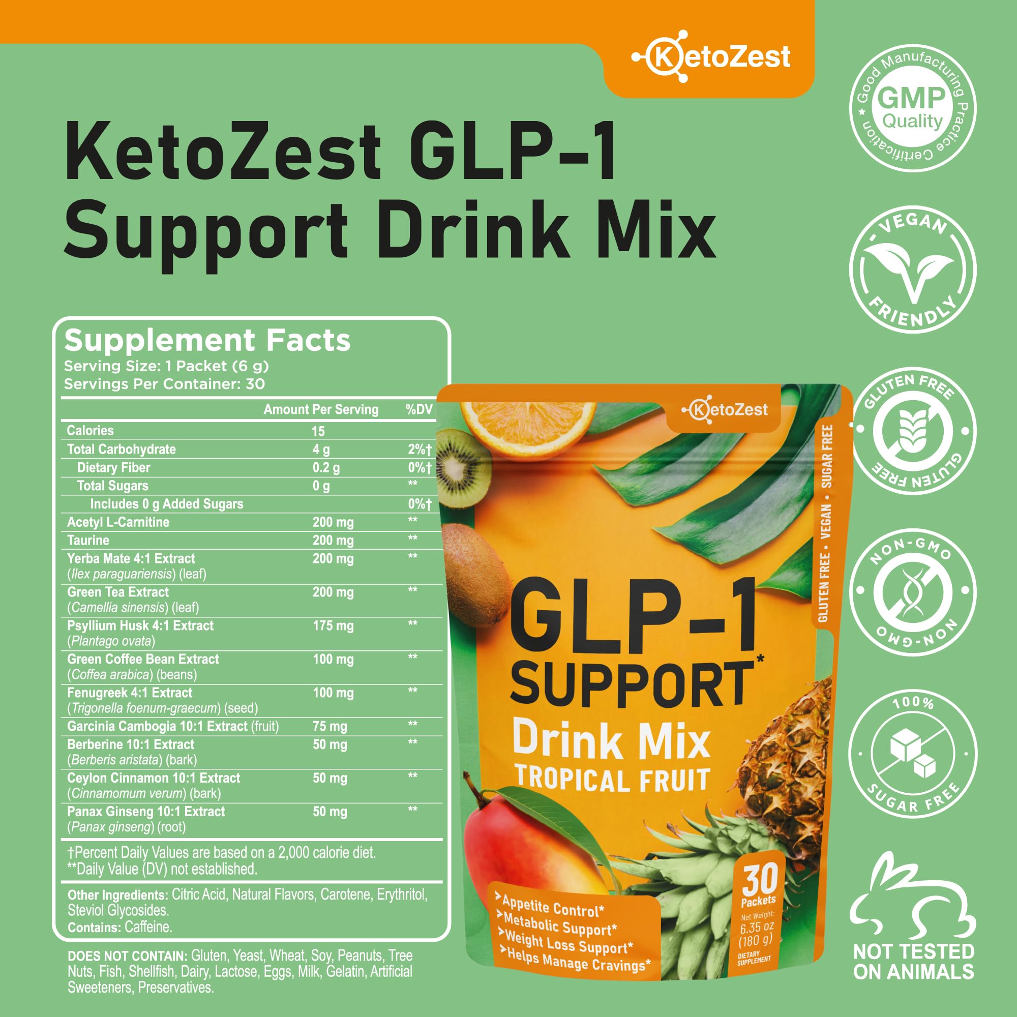 KetoZest GLP-1 Support Drink Mix on a kitchen counter