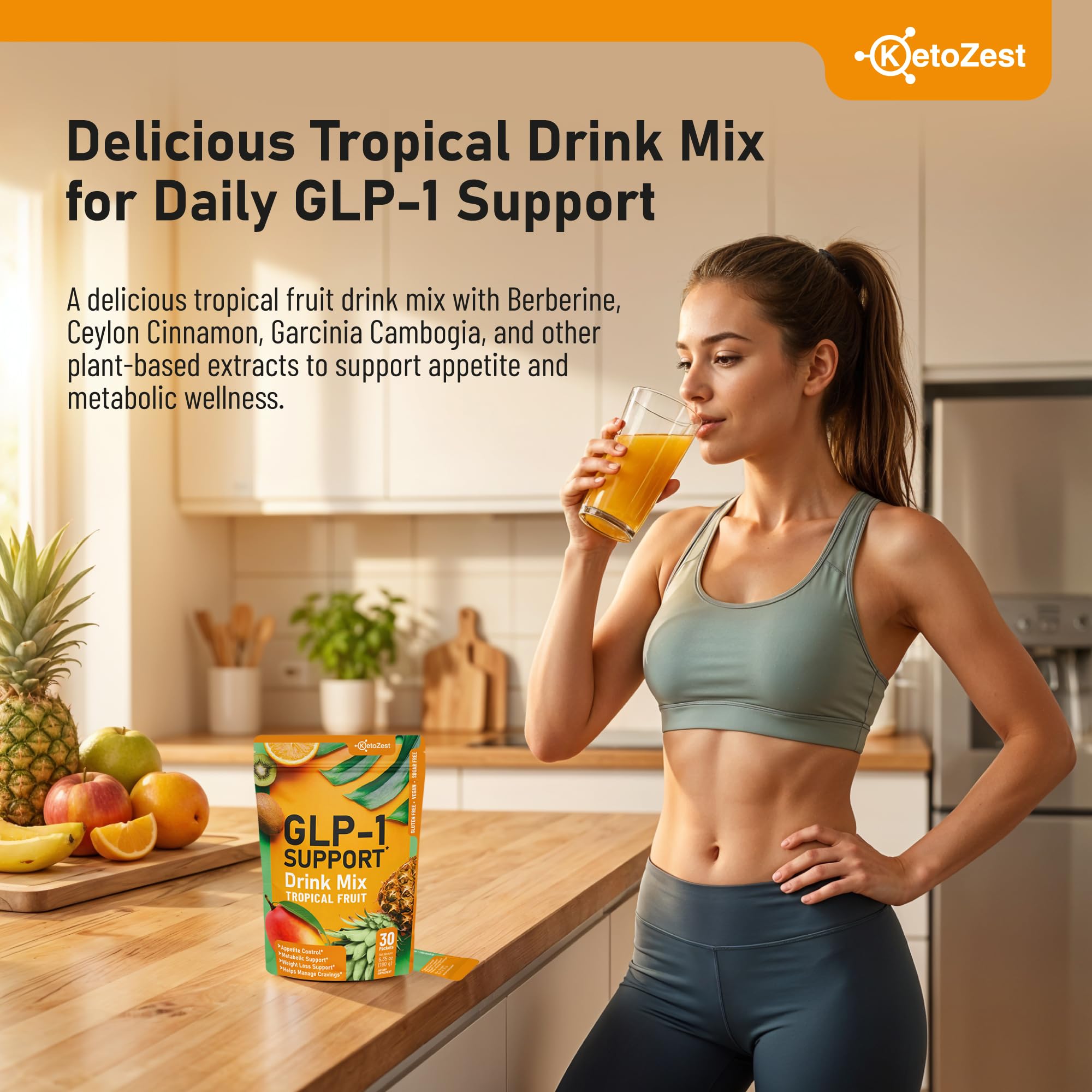 KetoZest GLP-1 Support Drink Mix packet with water