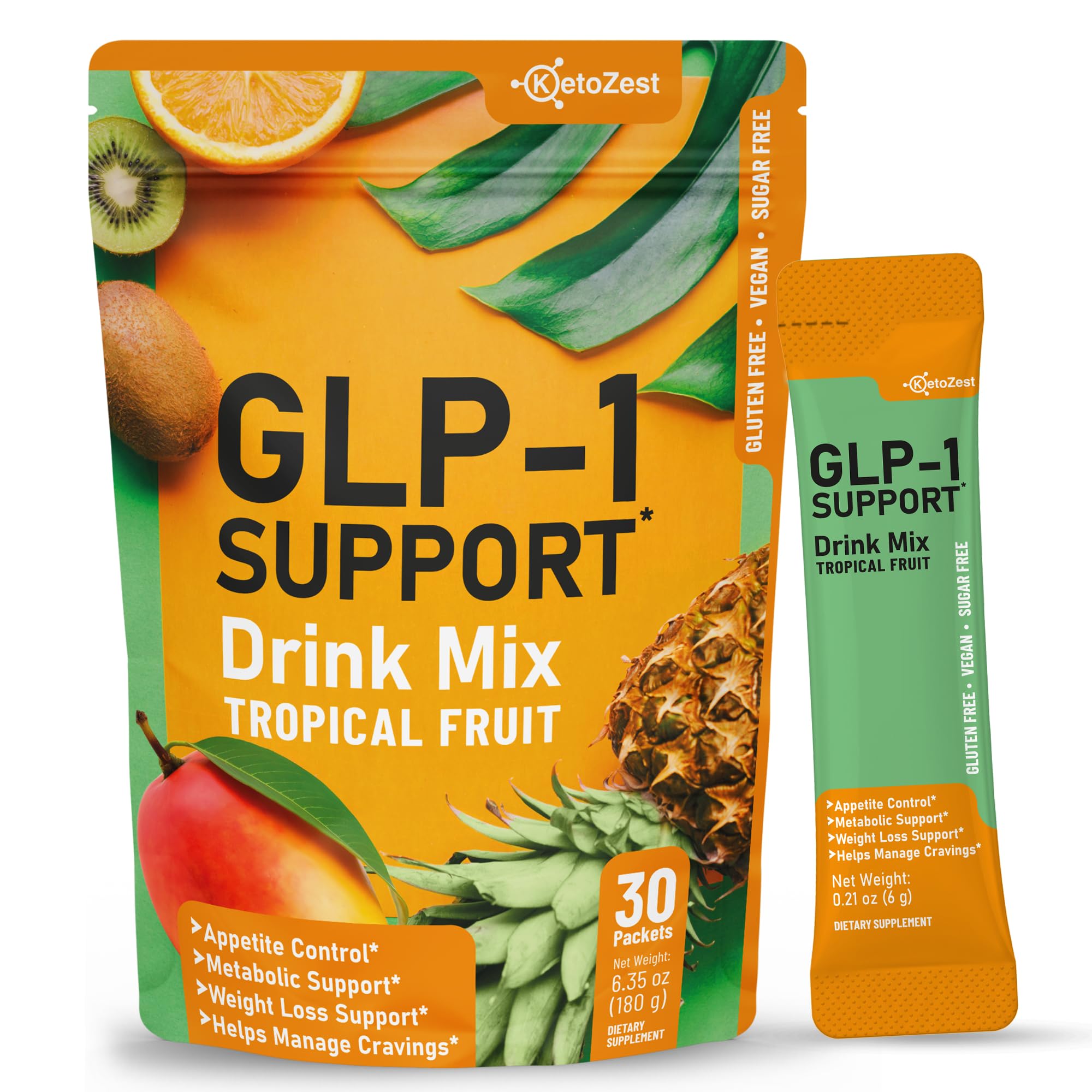 KetoZest GLP-1 Support Drink Mix tropical fruit packets front view