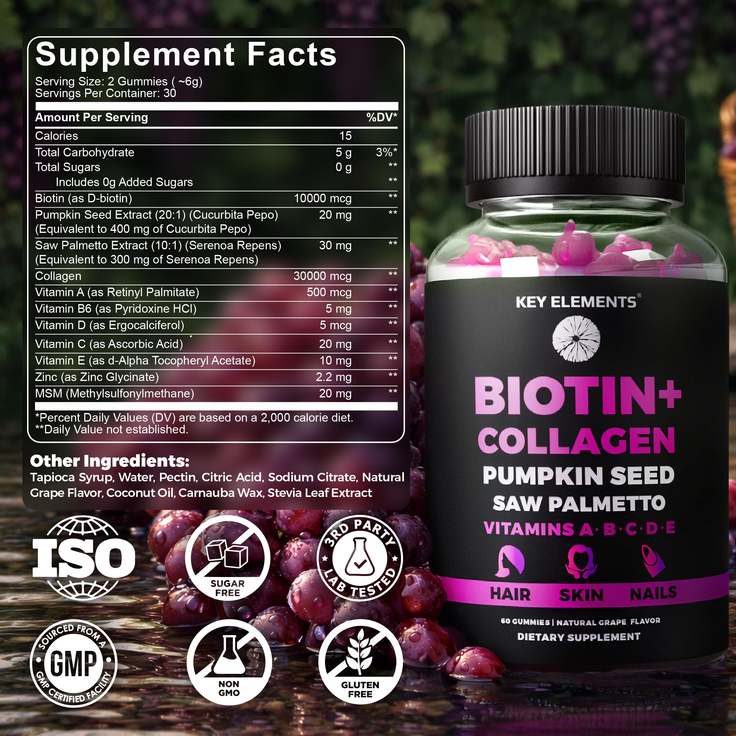 KEY ELEMENTS Biotin Gummies displayed on a wooden table