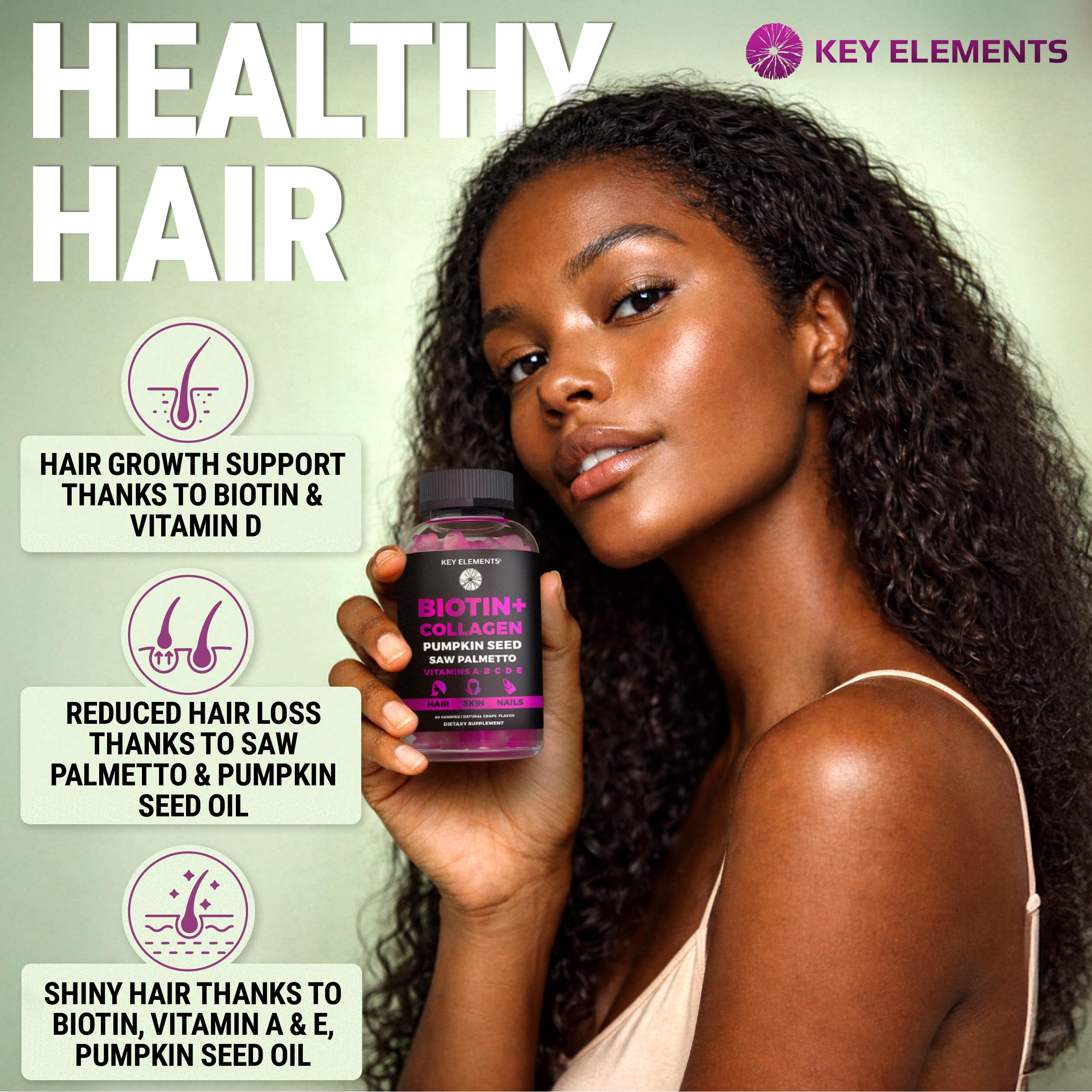 KEY ELEMENTS Biotin Gummies showing natural grape flavour