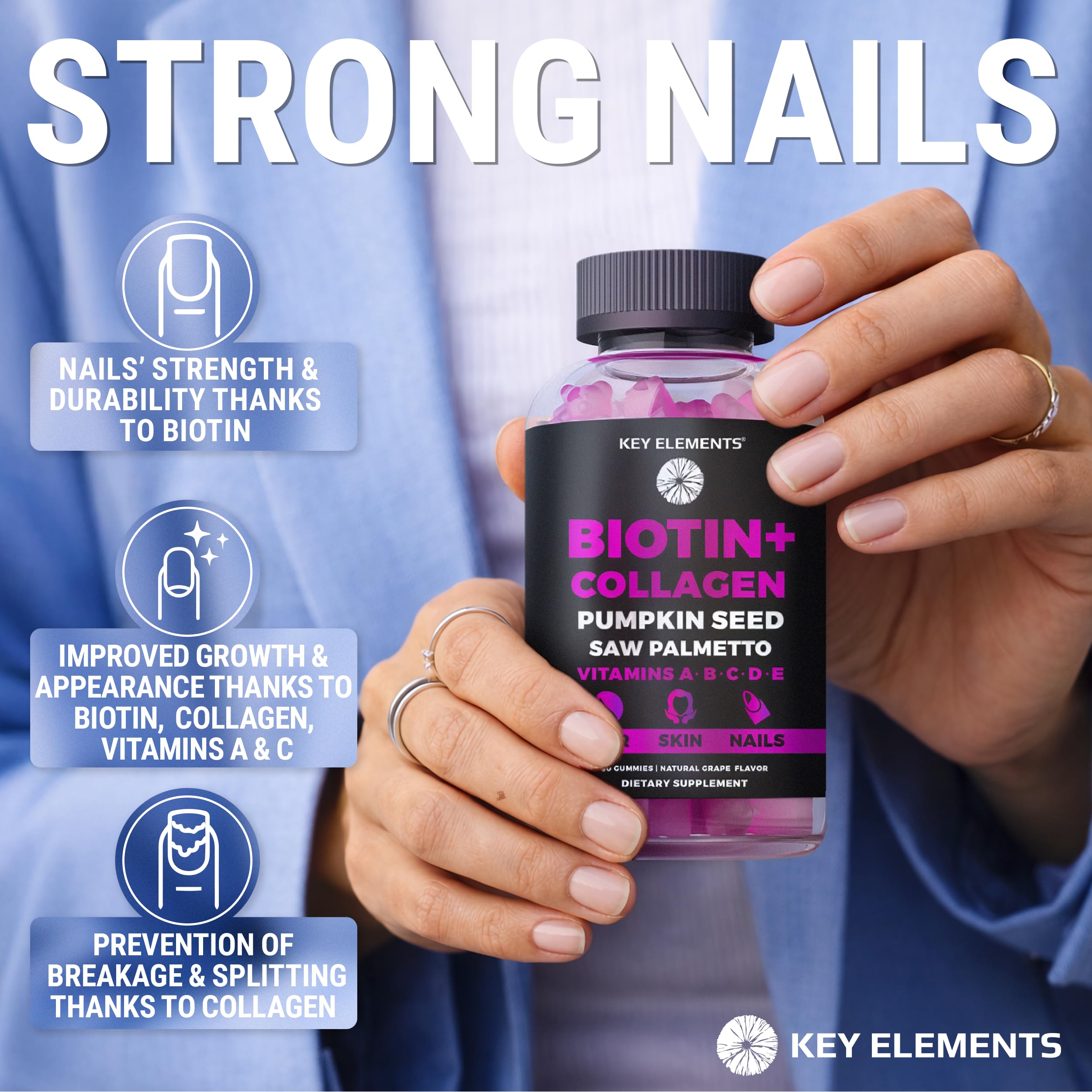 KEY ELEMENTS Biotin Gummies with ingredients list