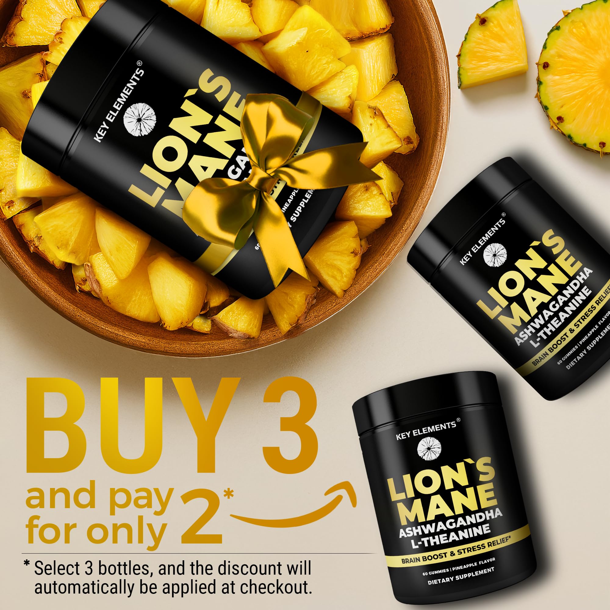 KEY ELEMENTS Lion’s Mane Mushroom Gummies displayed with a measuring spoon