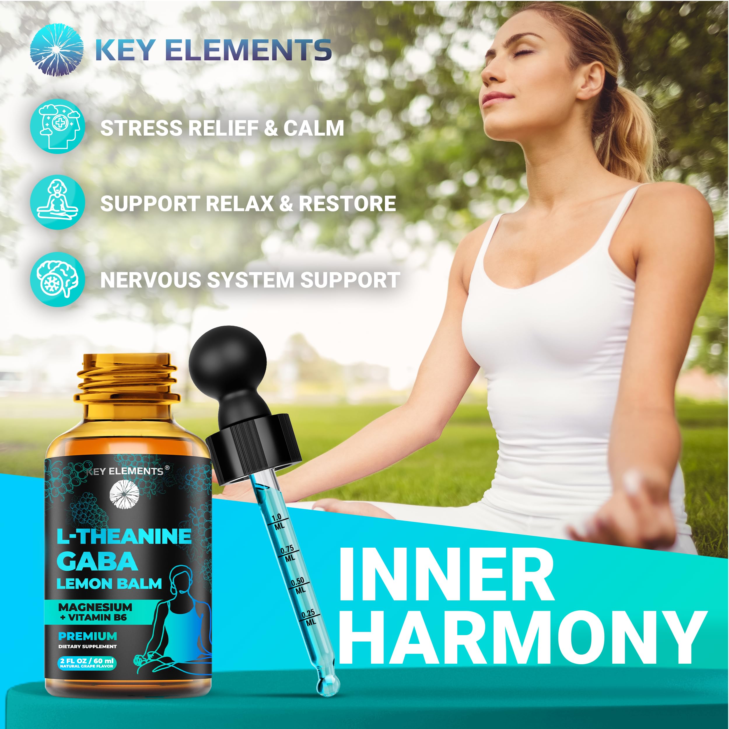 KEY ELEMENTS Liquid GABA Sleep Supplement bottle side view