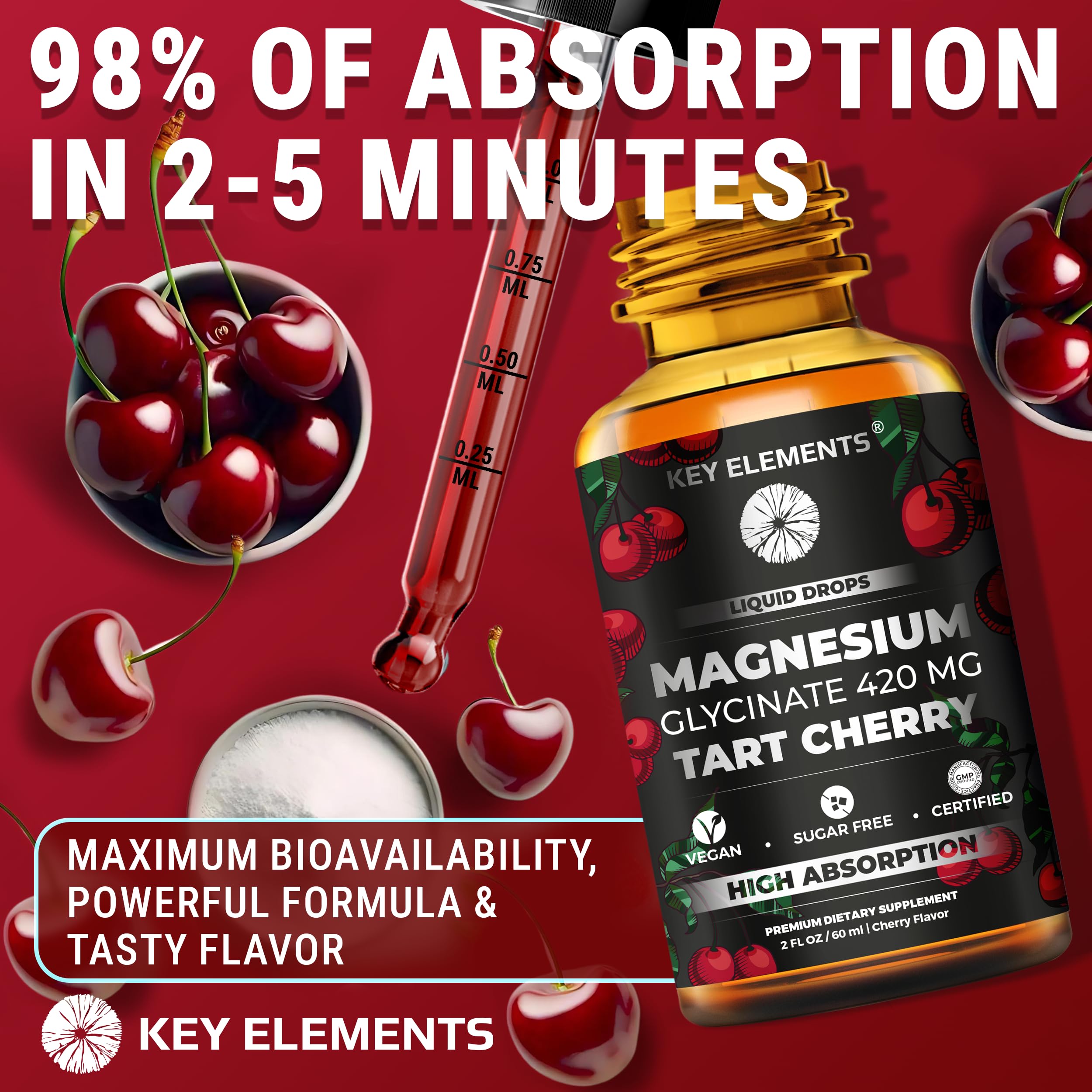 KEY ELEMENTS Liquid Magnesium Glycinate Drops close-up of the dropper