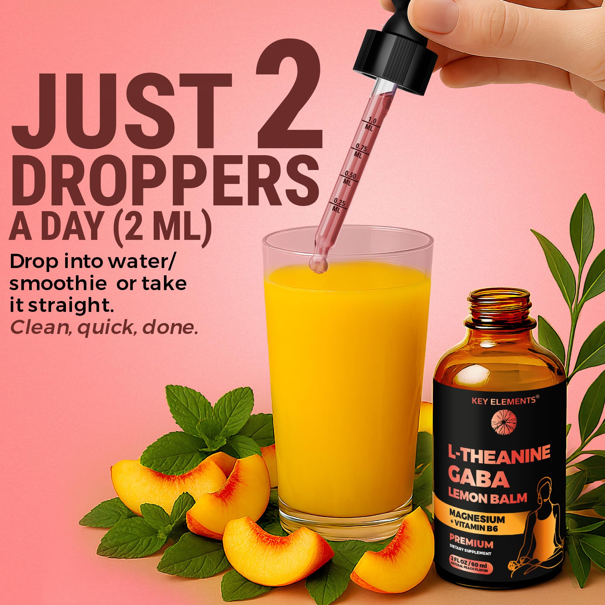 KEY ELEMENTS Liquid Sleep Supplement peach flavour description