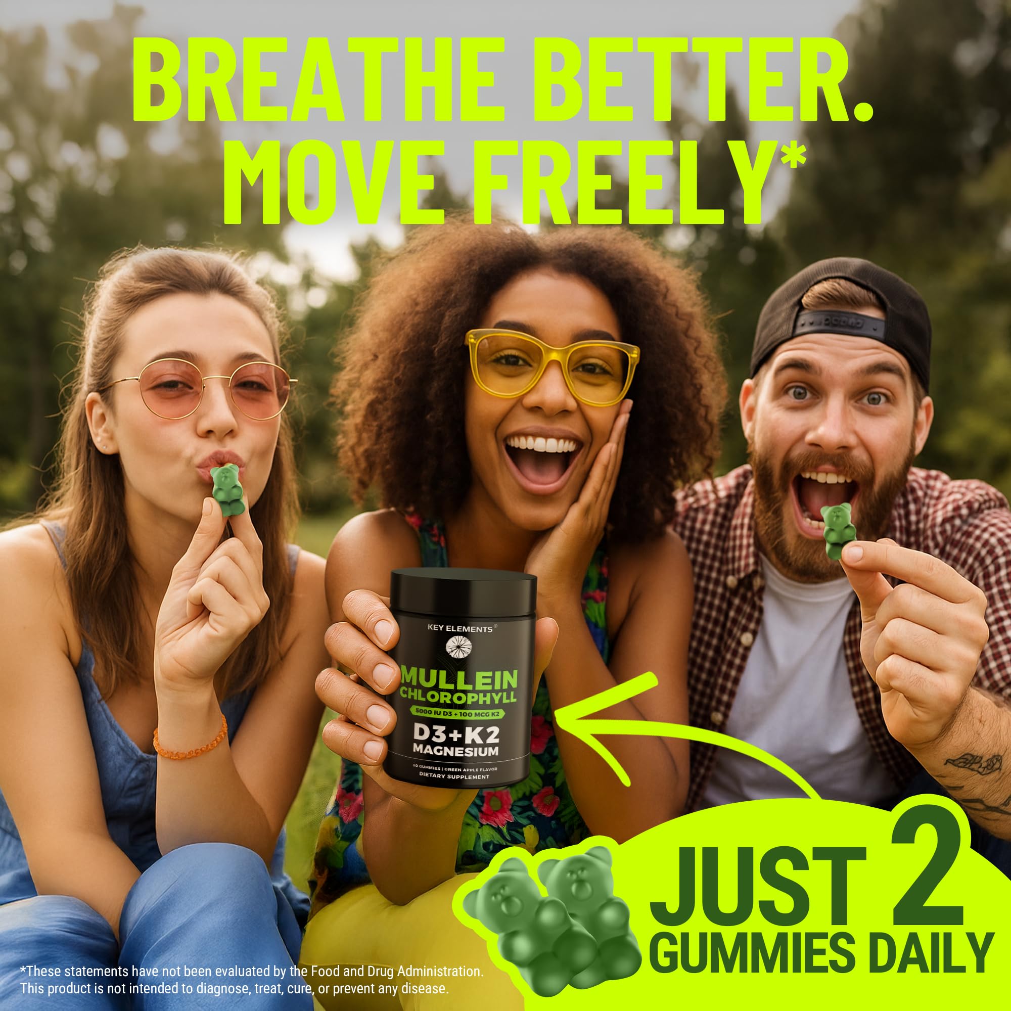 KEY ELEMENTS Mullein Gummies lifestyle shot with fresh greens