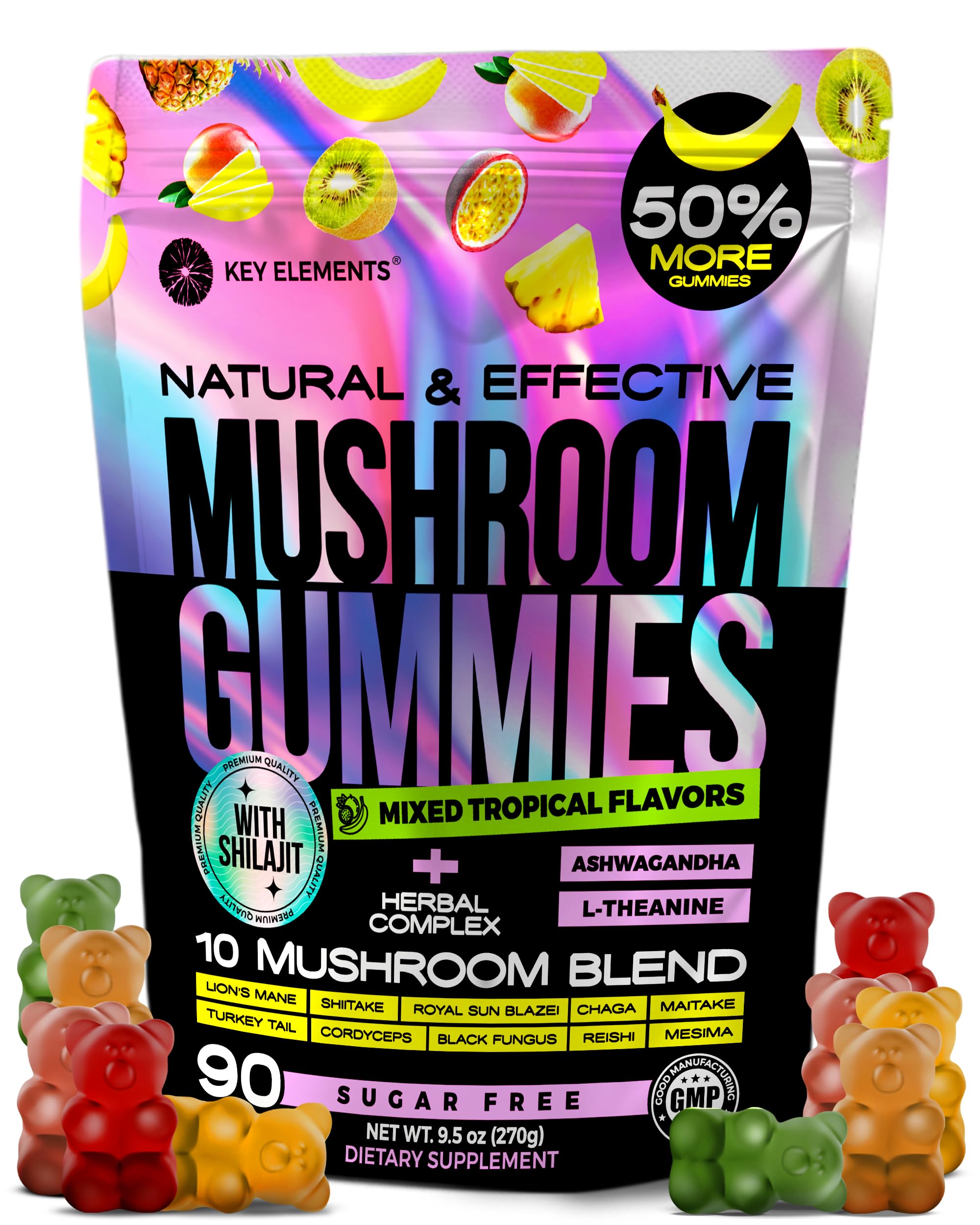 KEY ELEMENTS Mushroom Gummies front view with tropical flavours