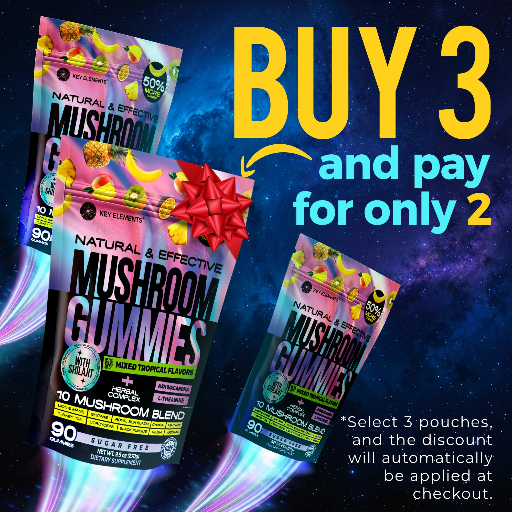 KEY ELEMENTS Mushroom Gummies packaging showing ingredients