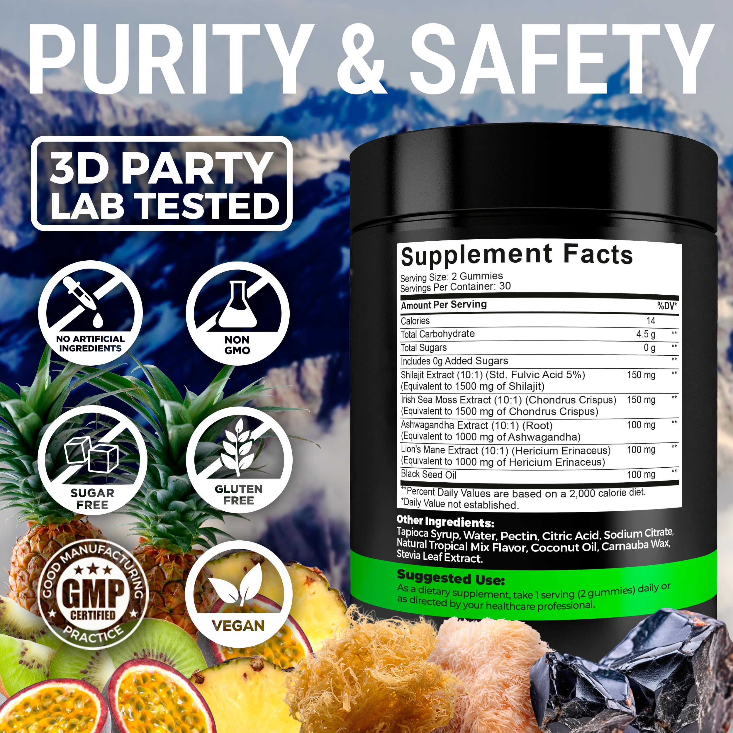 KEY ELEMENTS Shilajit gummies bottle with lid open