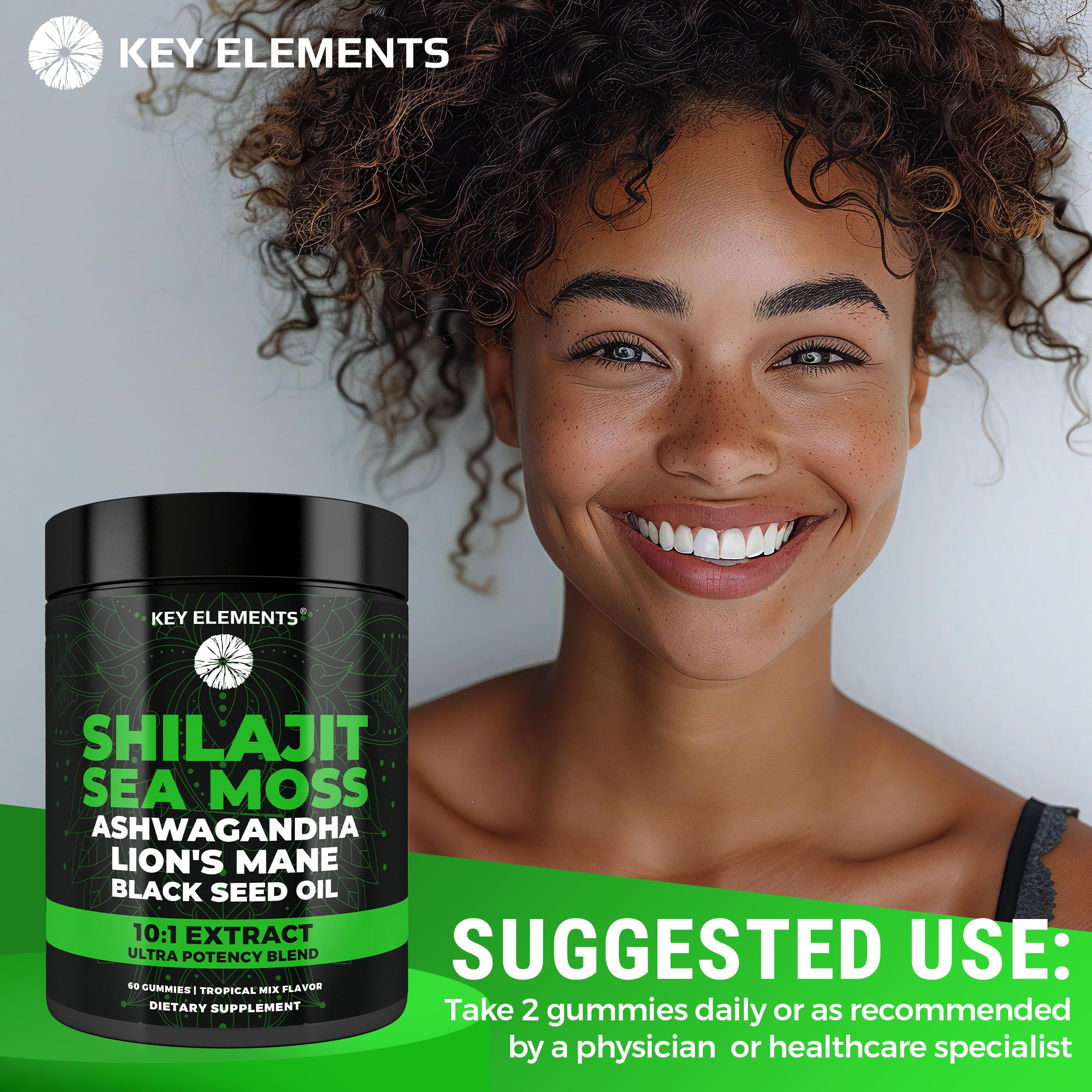 KEY ELEMENTS Shilajit gummies displayed with natural ingredients