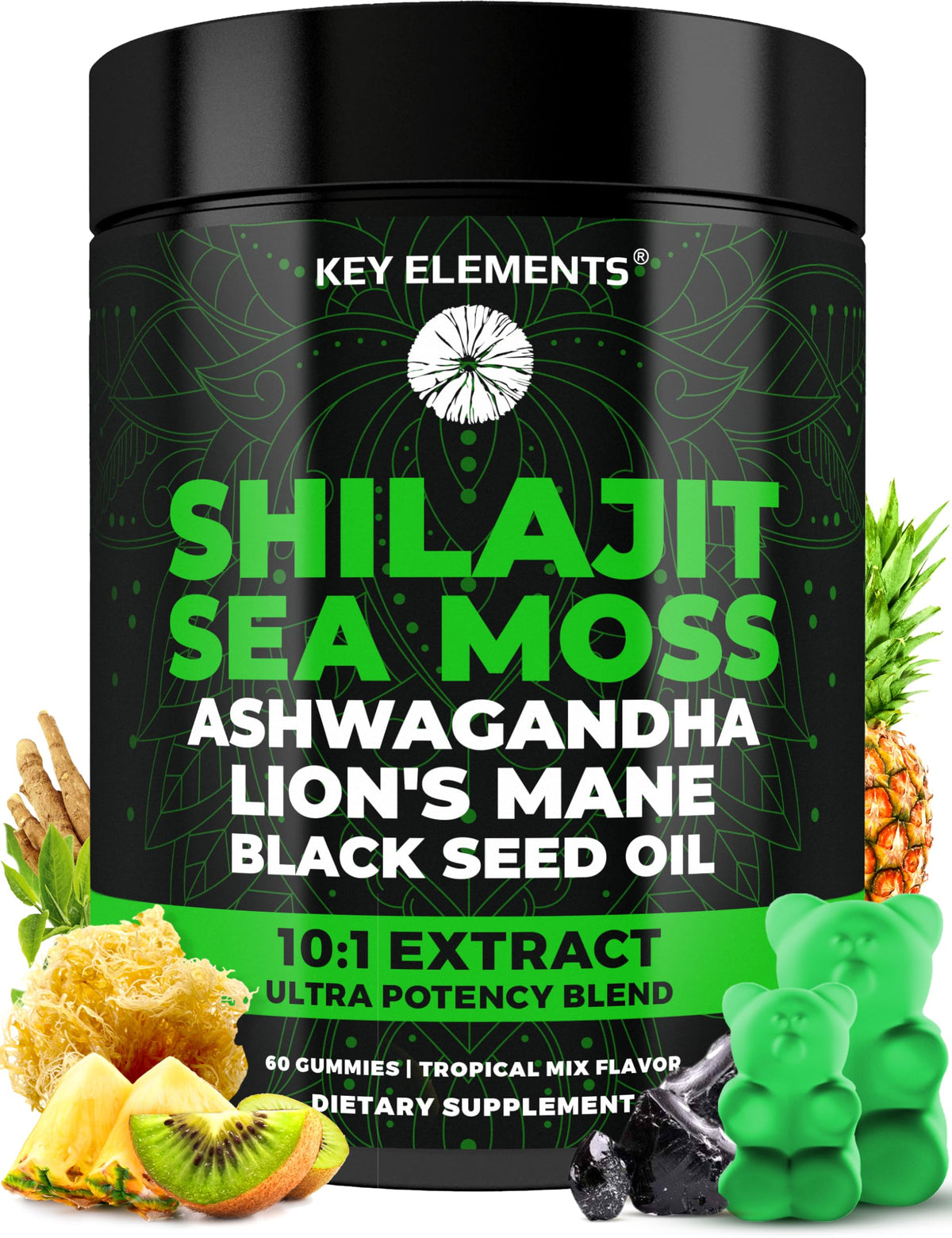 KEY ELEMENTS Shilajit gummies front view with tropical mix flavour