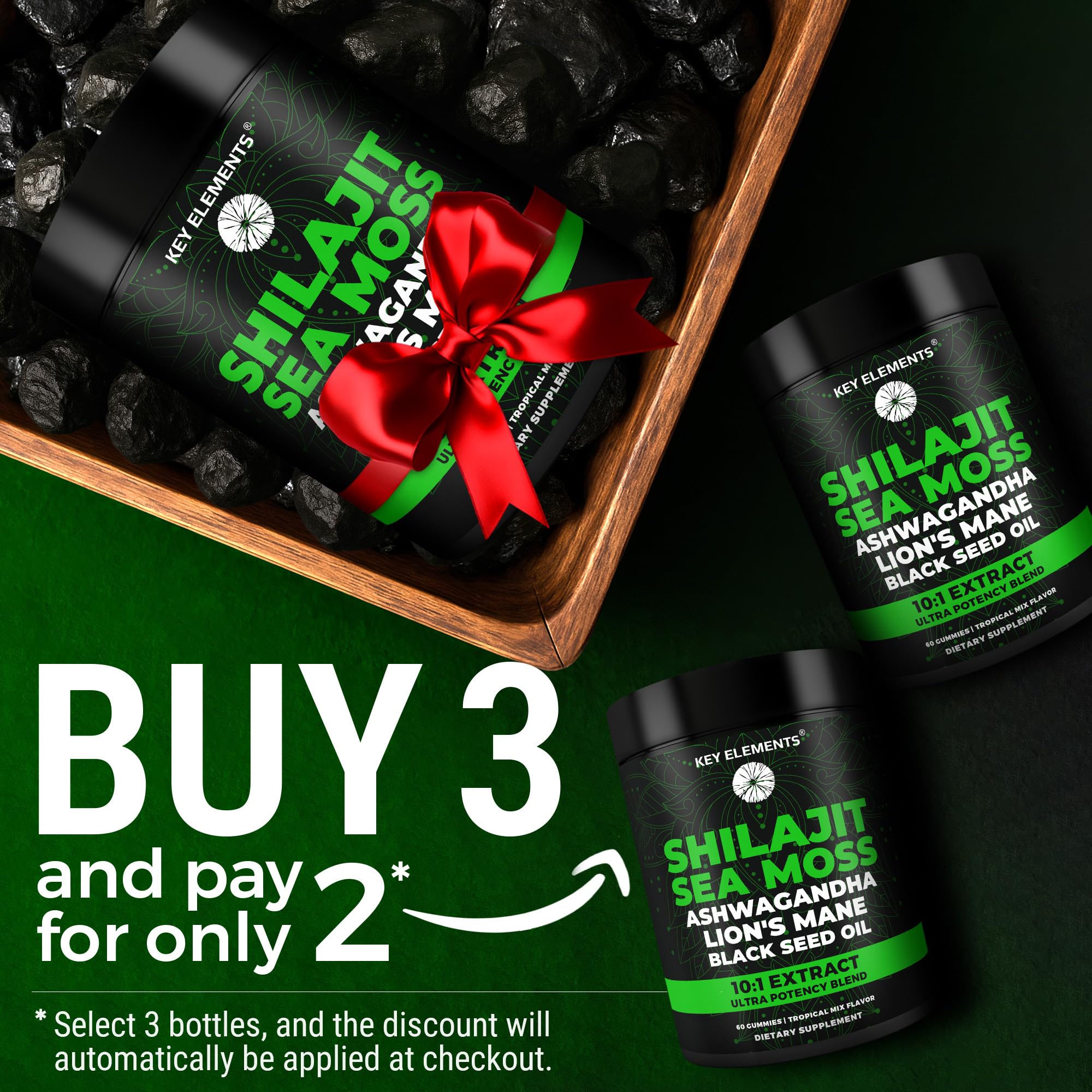 KEY ELEMENTS Shilajit gummies with Sea Moss and Ashwagandha close-up