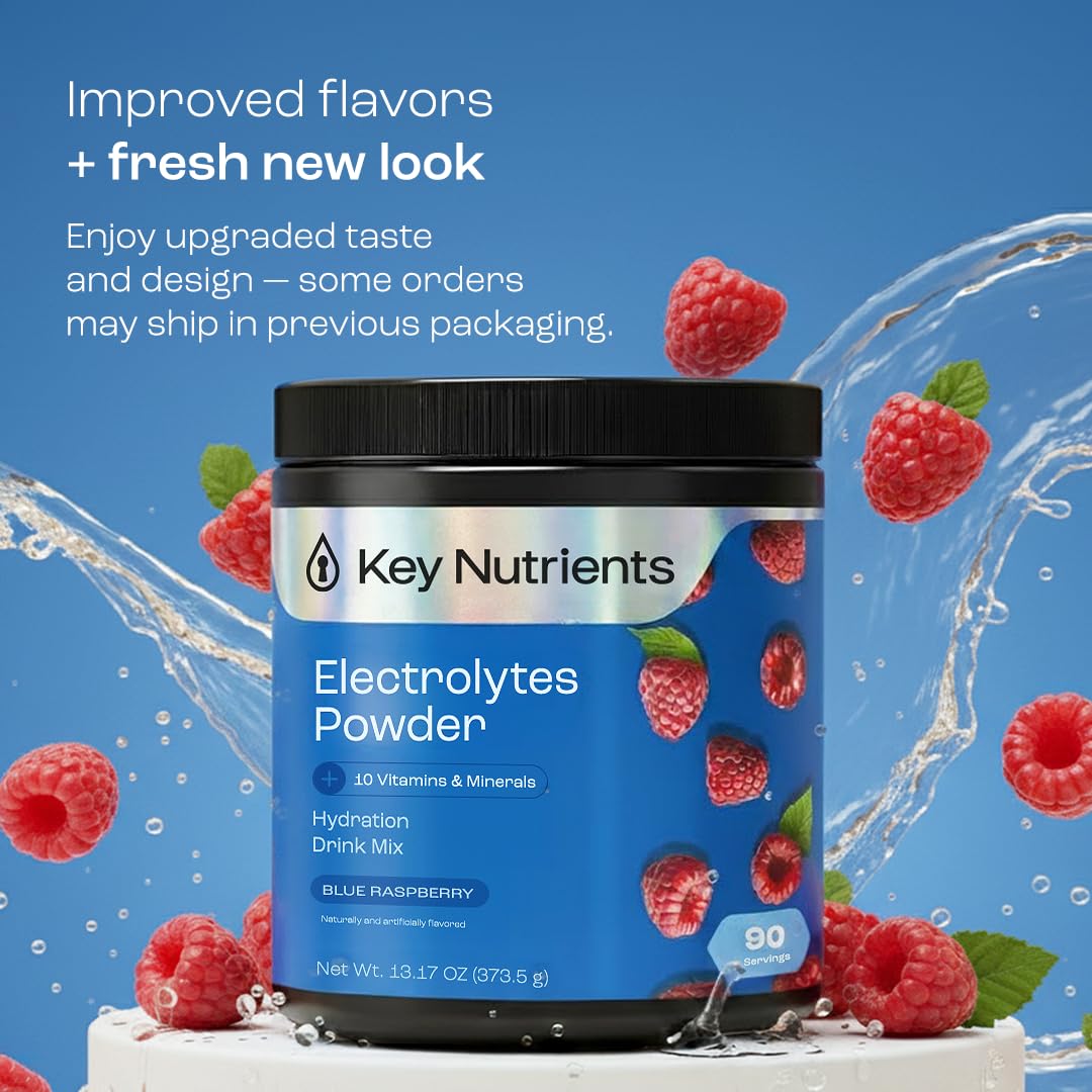 KEY NUTRIENTS Blue Raspberry Electrolyte Powder packaging