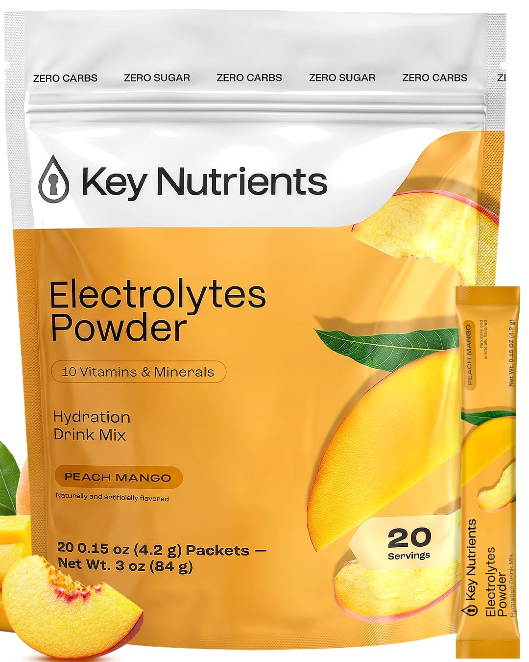 KEY NUTRIENTS Electrolytes Powder Packets Peach Mango front view