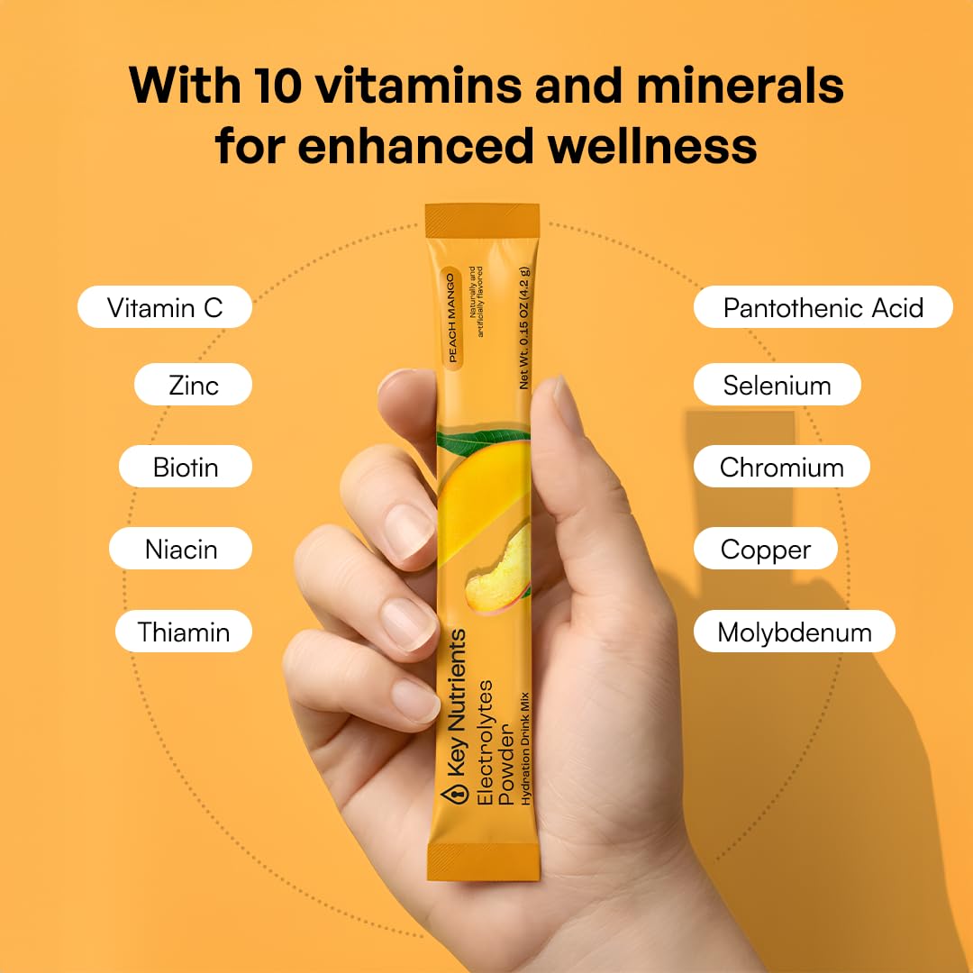 KEY NUTRIENTS Electrolytes Powder Packets Peach Mango mixed in water