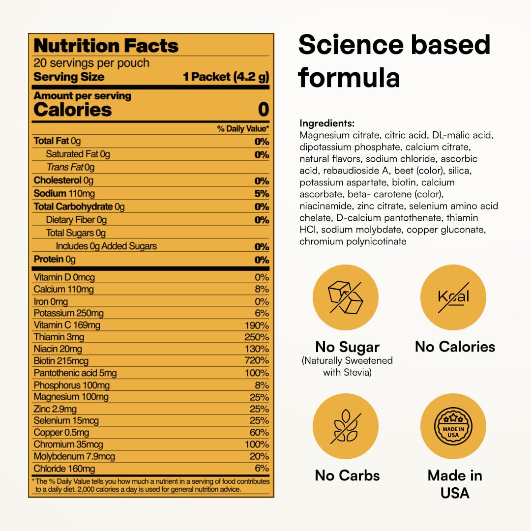 KEY NUTRIENTS Electrolytes Powder Packets Peach Mango single packet close-up