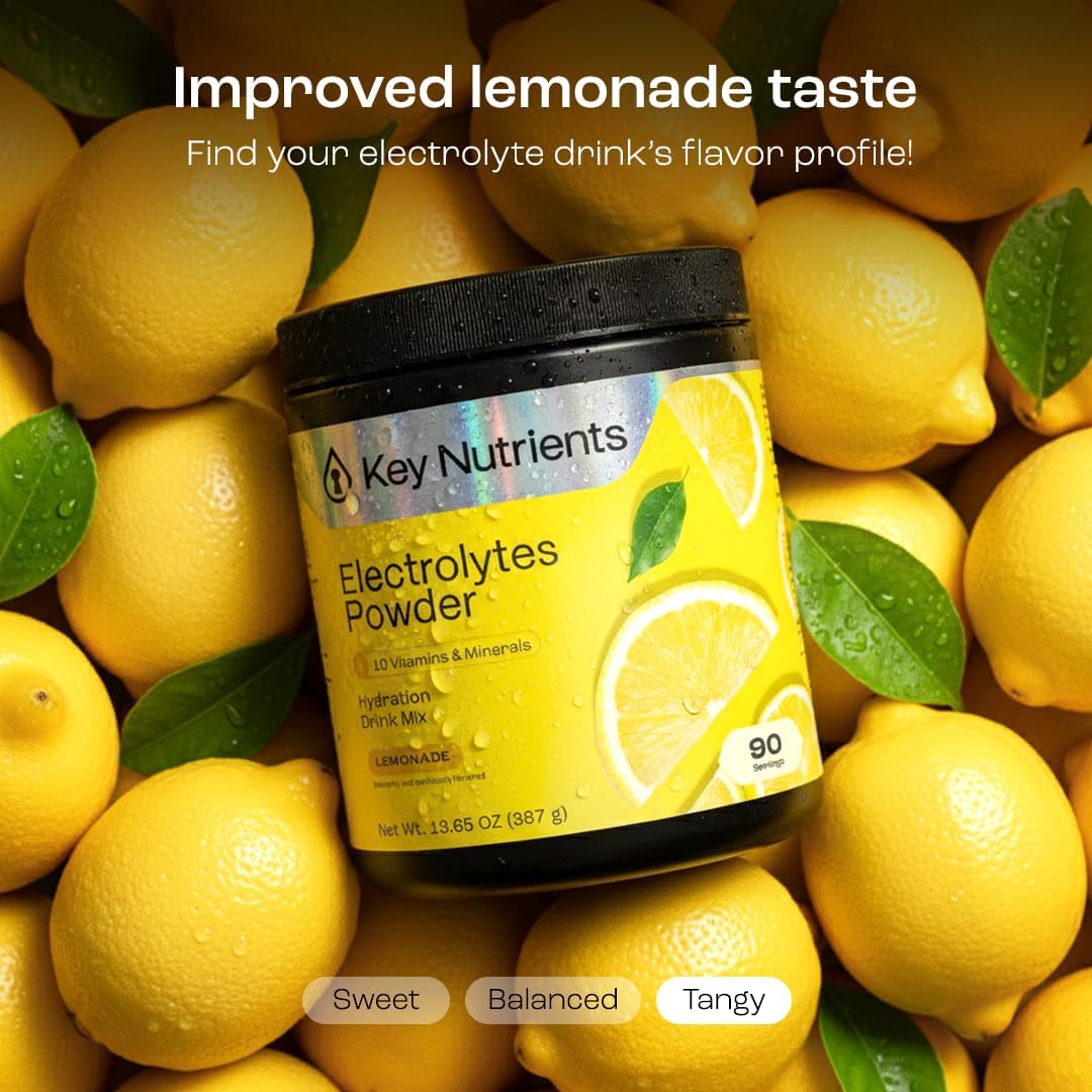 KEY NUTRIENTS Lemonade Electrolyte Powder with fitness accessories