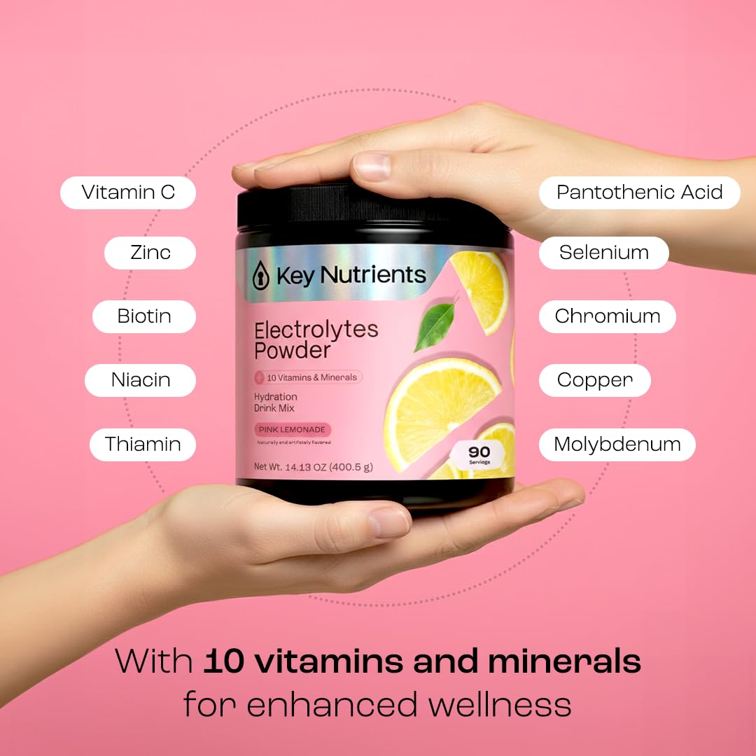 KEY NUTRIENTS Pink Lemonade Electrolyte Powder in a glass of water