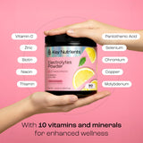 KEY NUTRIENTS Pink Lemonade Electrolyte Powder in a glass of water