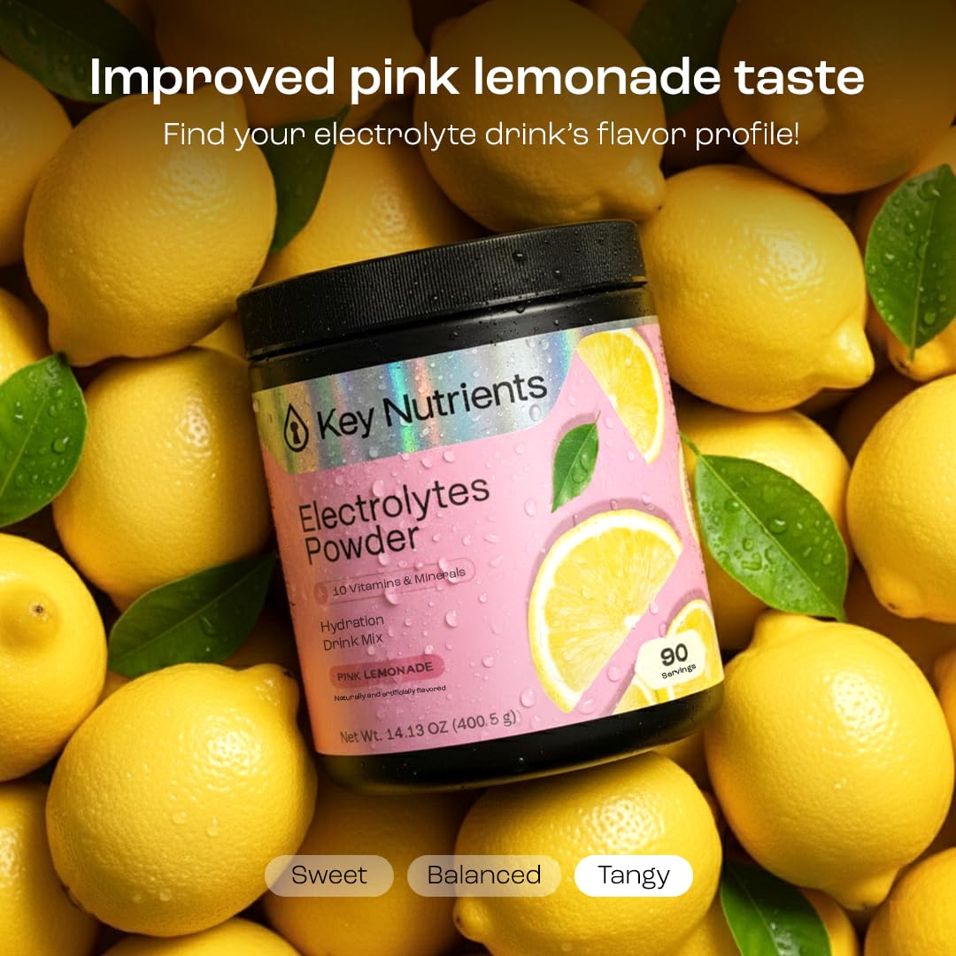 KEY NUTRIENTS Pink Lemonade Electrolyte Powder scoop and powder
