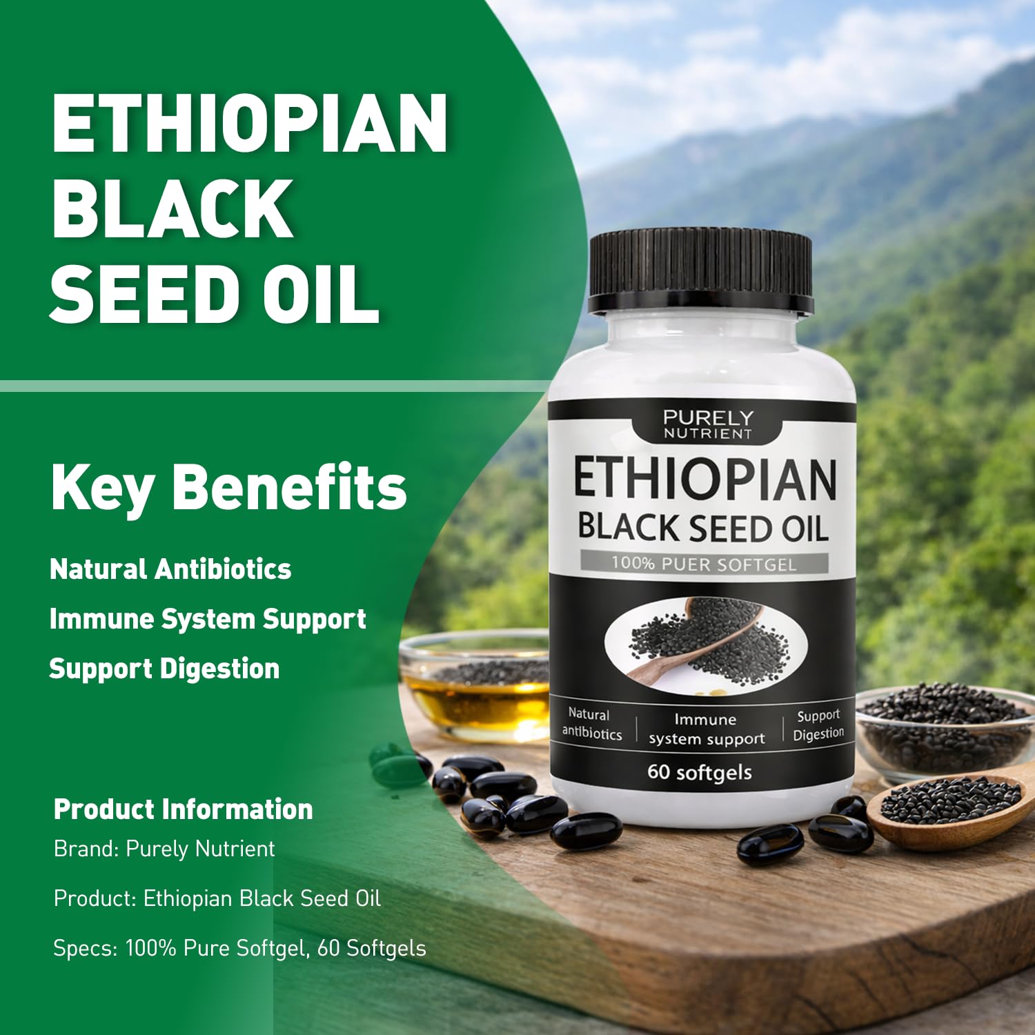 Khmiole Ethiopian Black Seed Oil Softgels bottle on a wooden surface