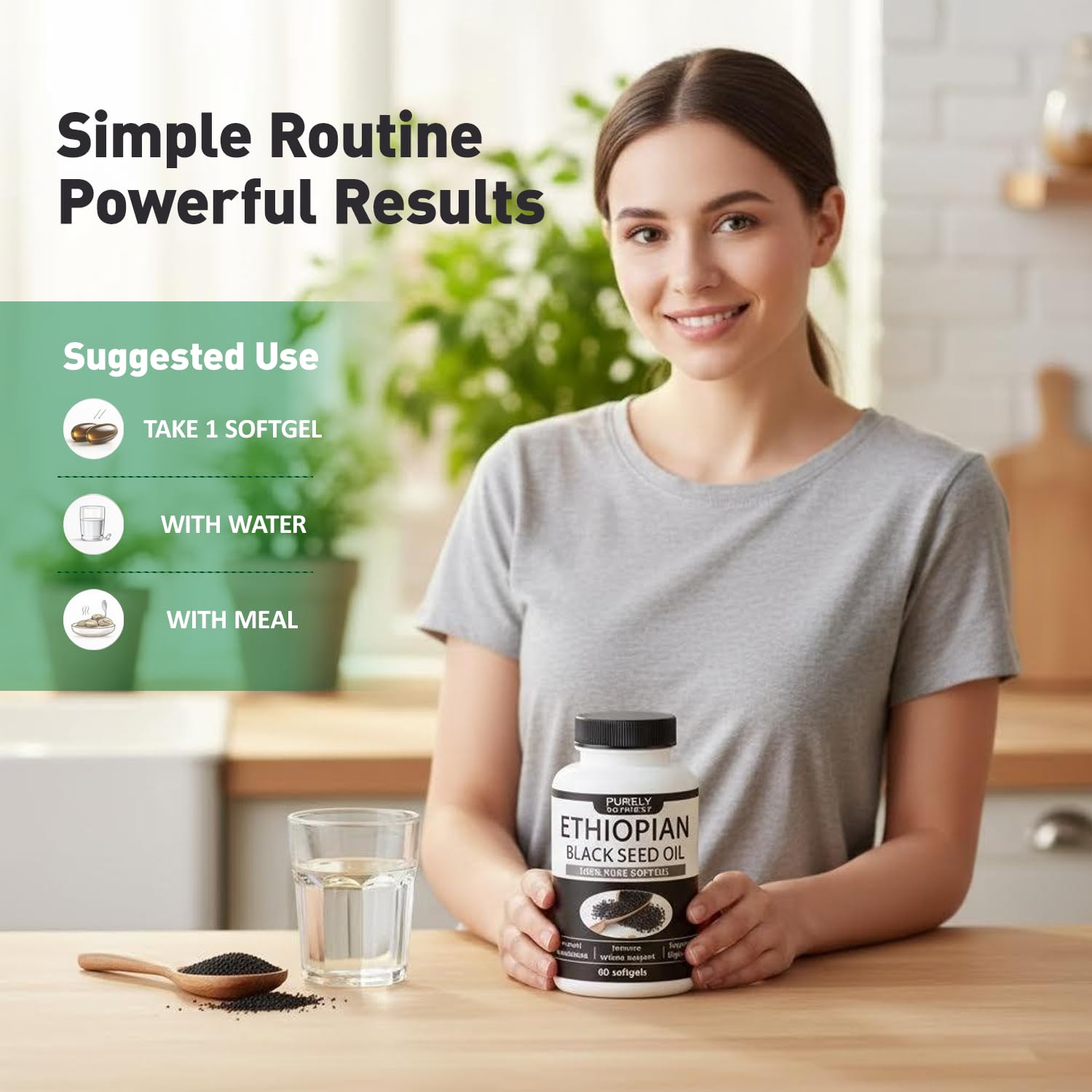 Khmiole Ethiopian Black Seed Oil Softgels with a measuring spoon