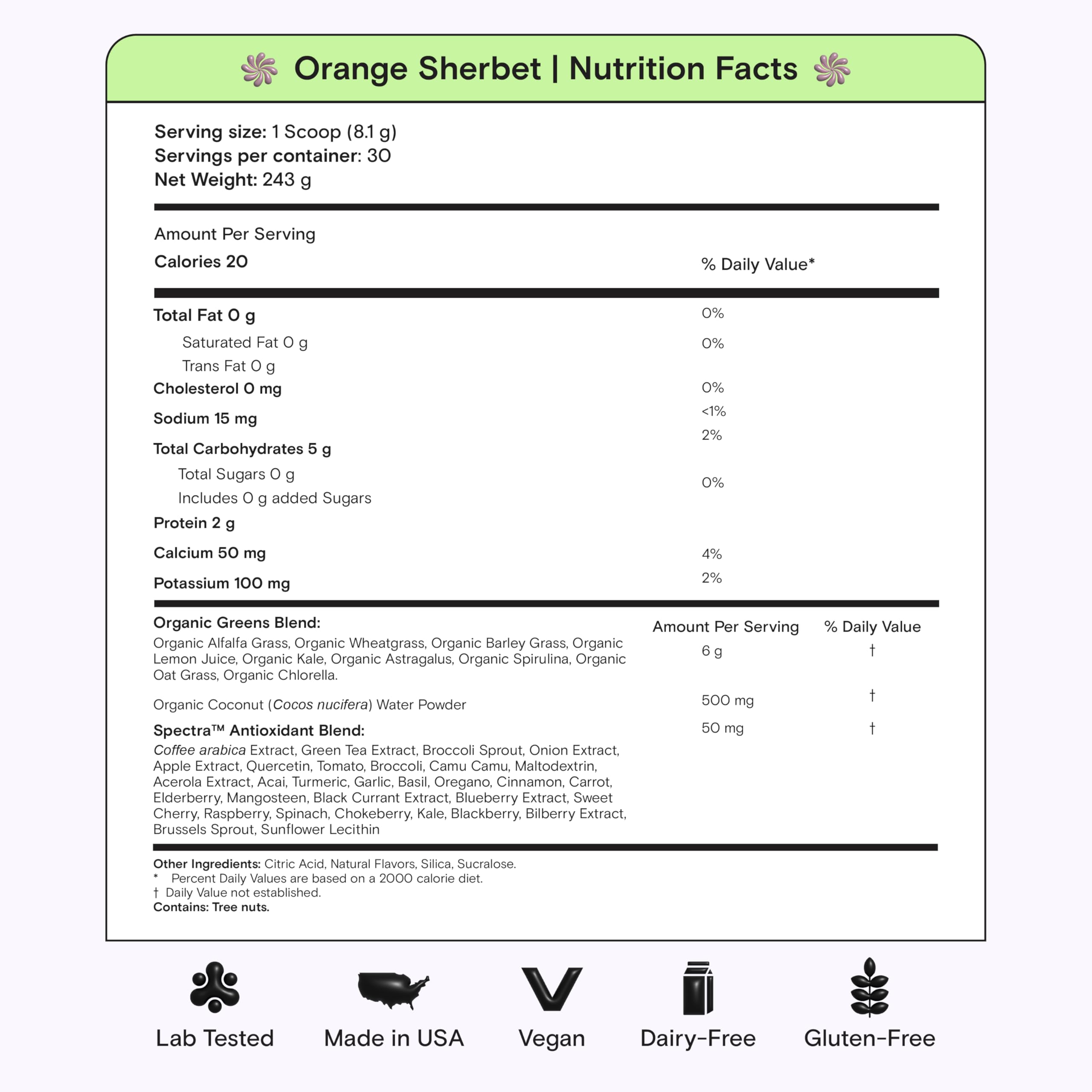 Kiala Nutrition Super Greens Orange Sherbet served in a glass