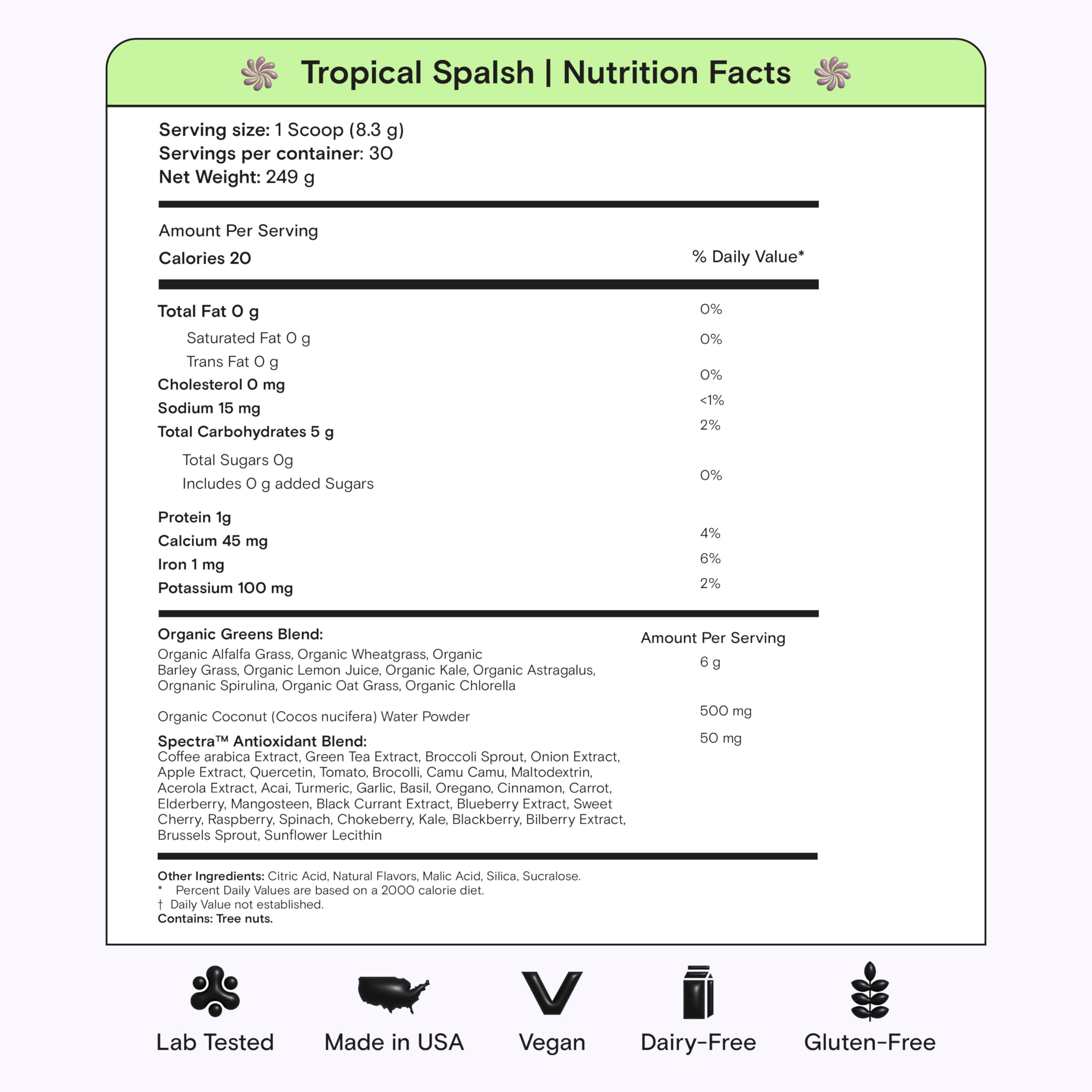 Kiala Nutrition Super Greens Tropical Splash canister on a kitchen counter