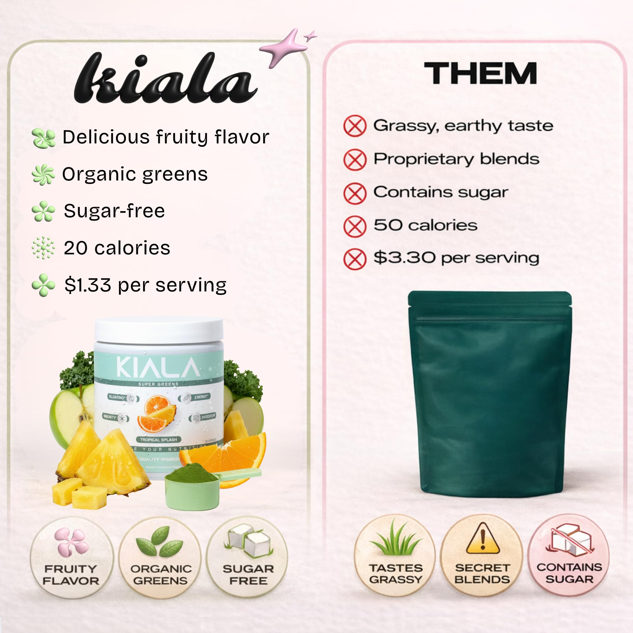 Kiala Nutrition Super Greens Tropical Splash lifestyle scene with fresh fruits